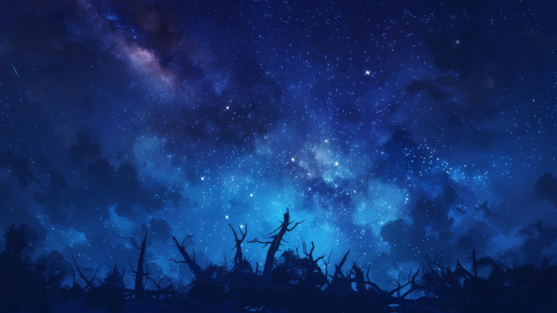 Petrified forest silhouette under starry sky