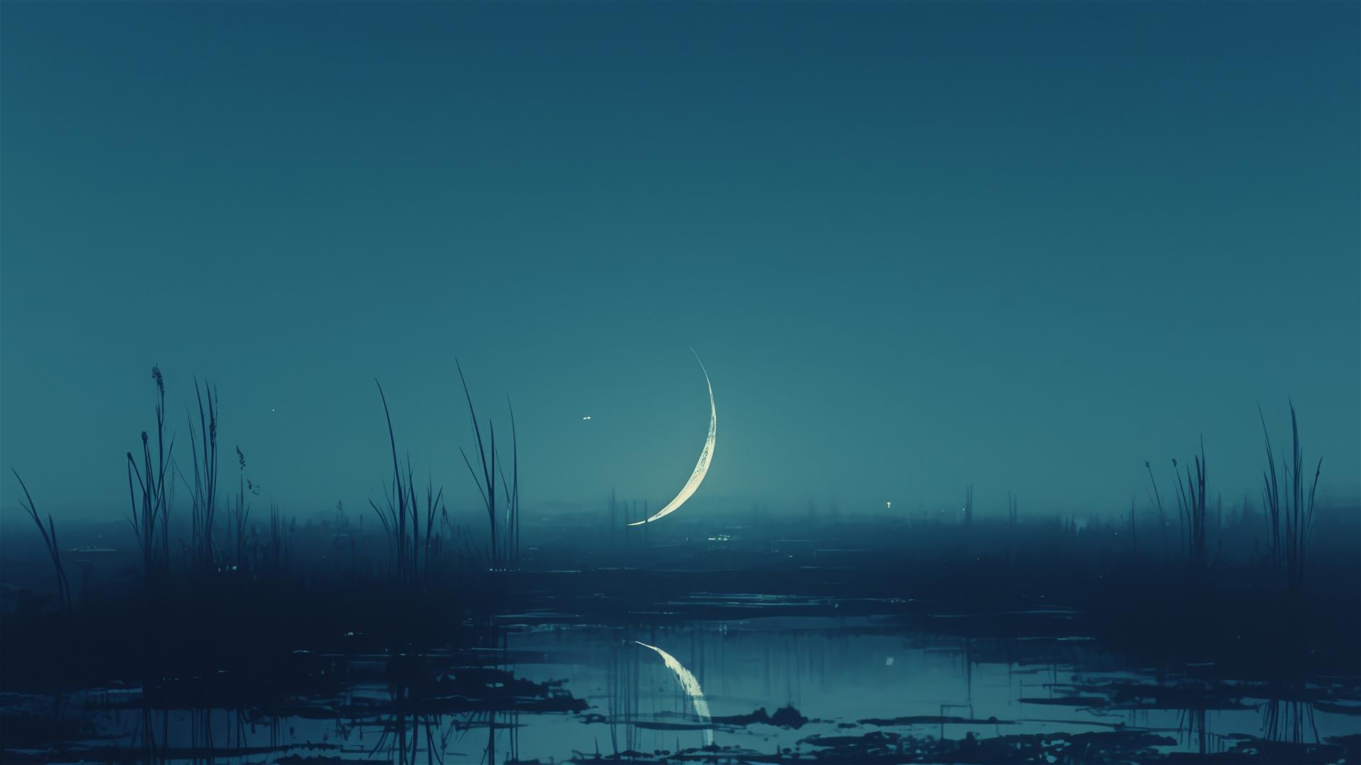 Aesthetic dark crescent moon over misty bog with water reflections creating endless night illusion, tranquil and deep