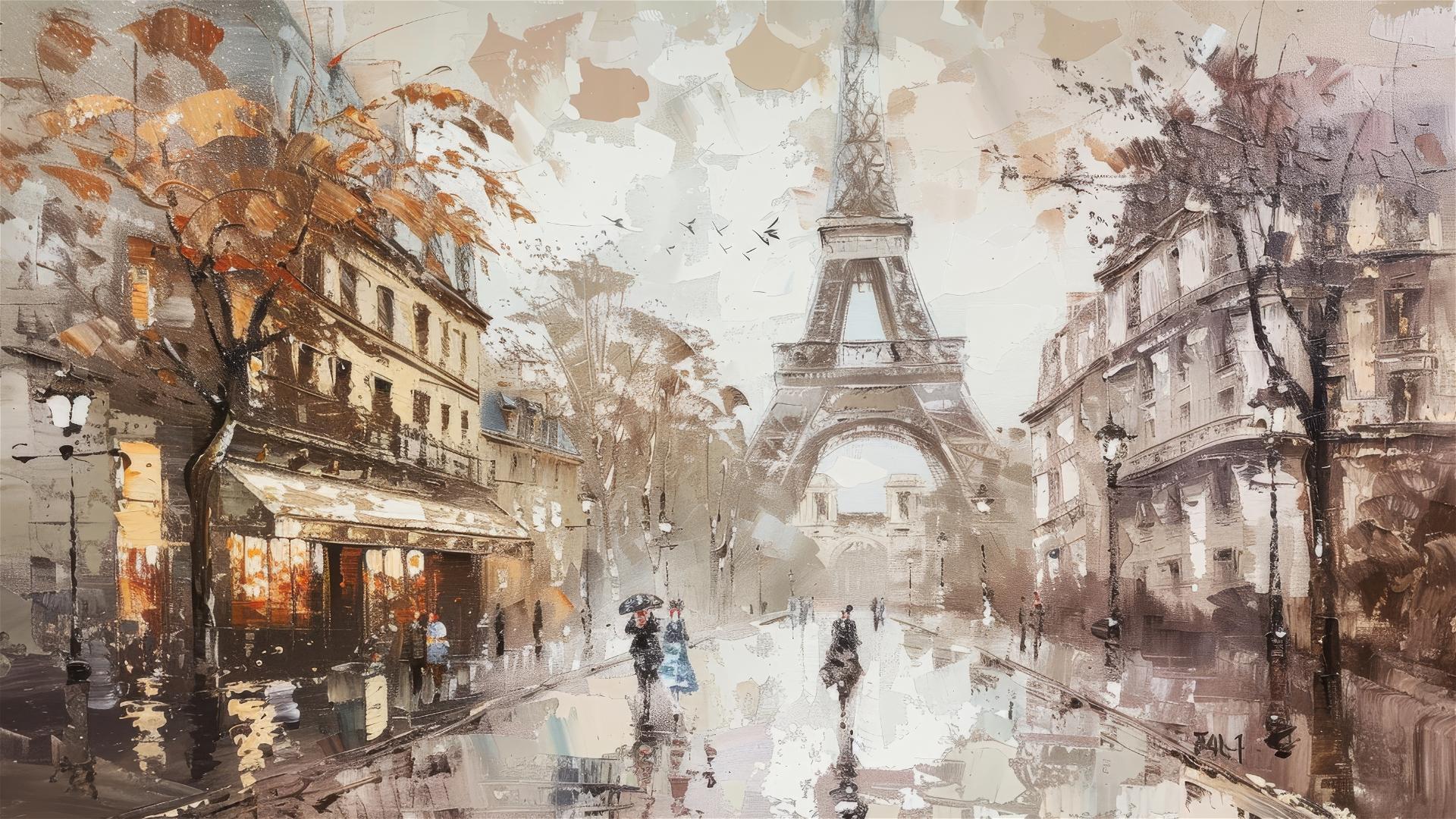 Oil painting capturing Paris's elegance with worn and dry brush techniques.