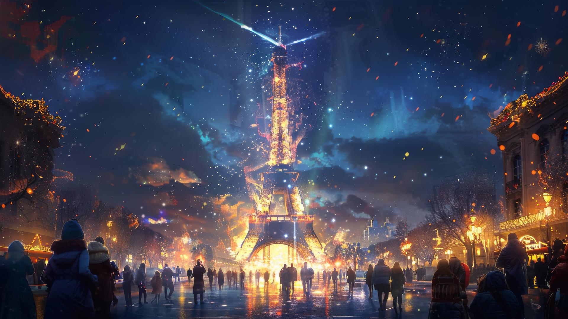 Christmas celebration at the Eiffel Tower with snowfall in Paris at night