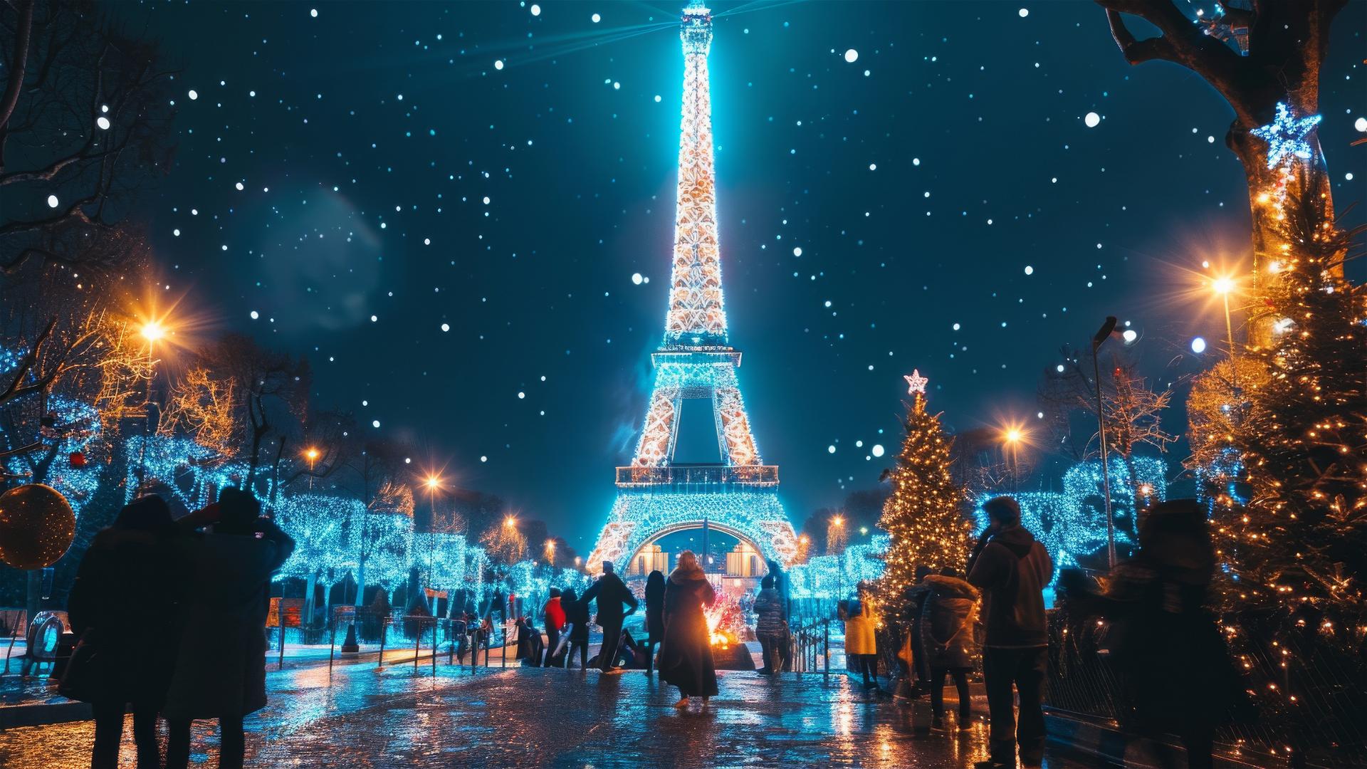 Christmas celebration near the brightly lit Eiffel Tower with mild snowfall