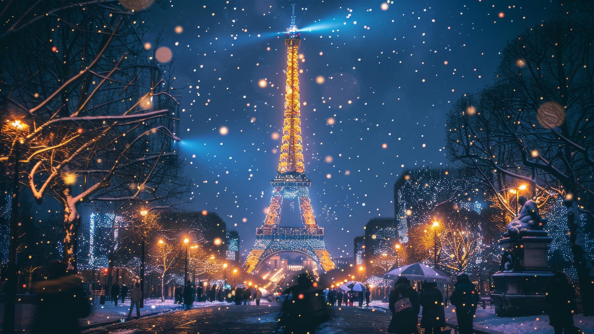 Festive gathering near illuminated Eiffel Tower in Paris on a snowy Christmas Night