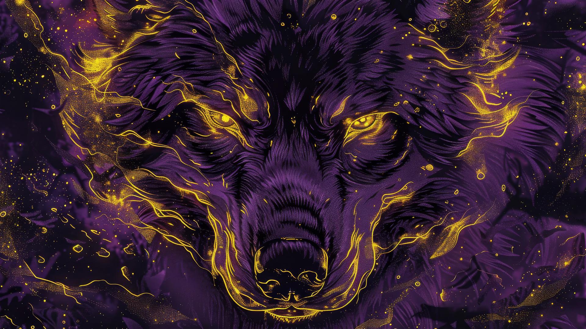 Gold and purple-themed cyberpunk image of Fenrir