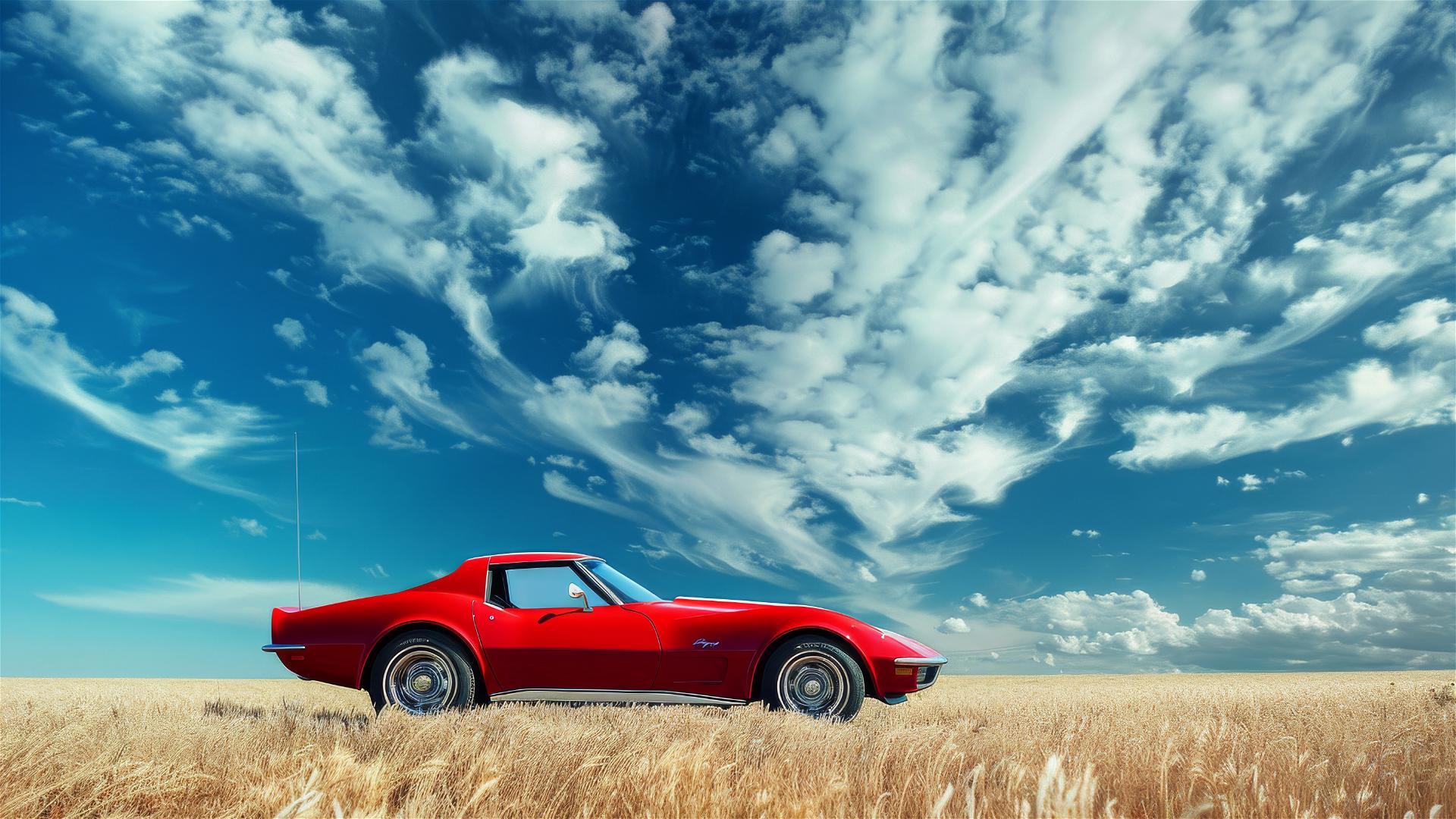Red Corvette under blue sky with clouds