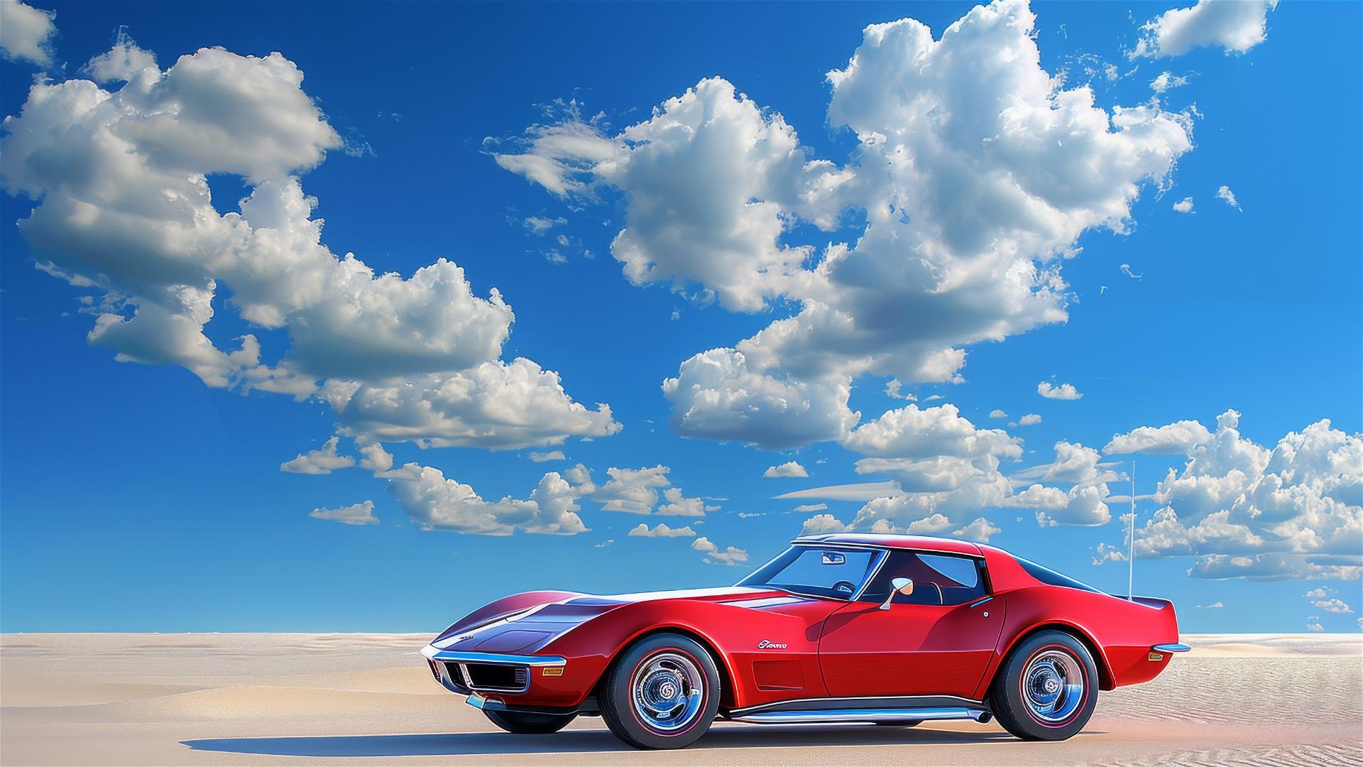 Red Corvette under a blue sky with clouds