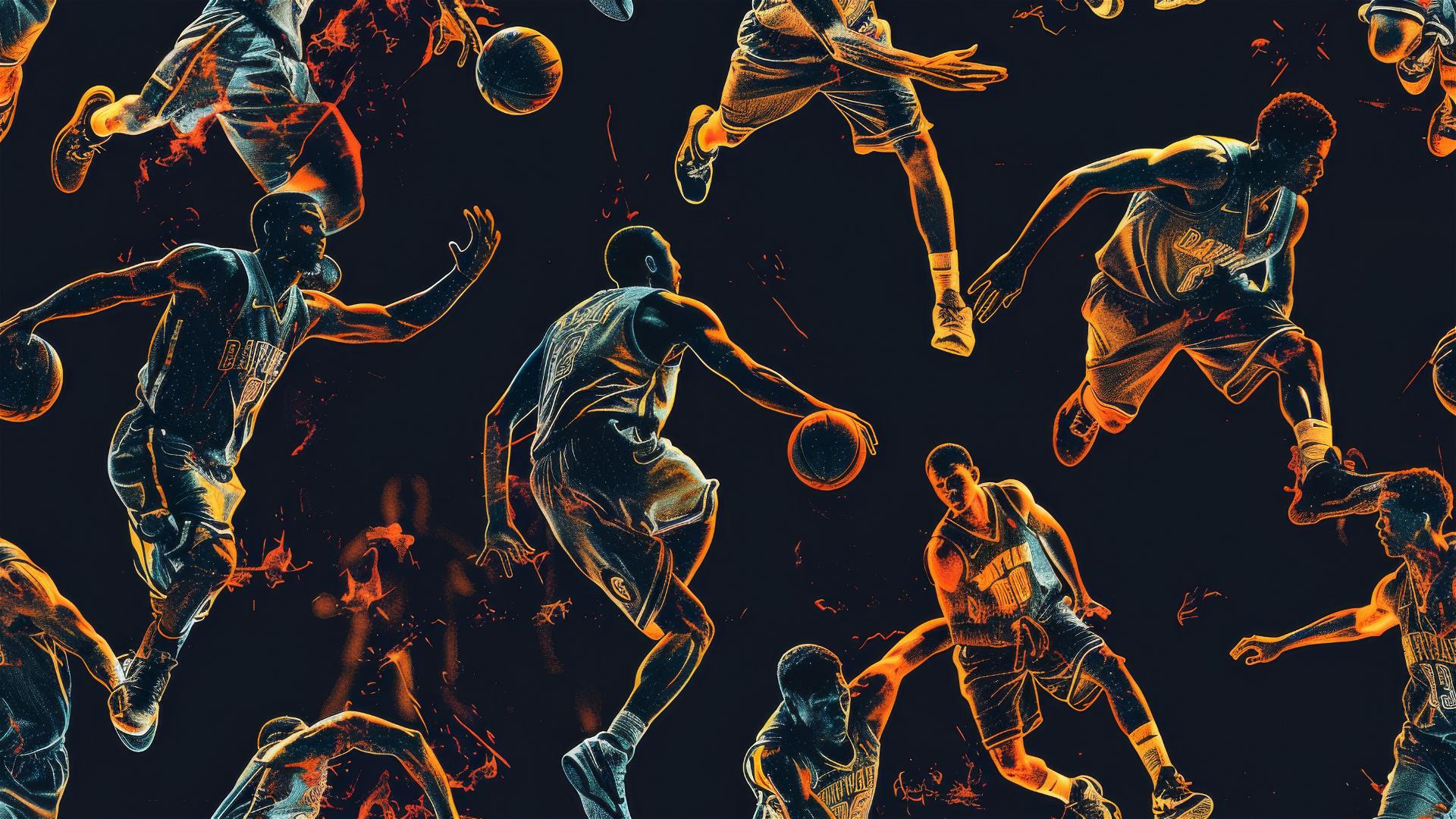 Basketball player silhouettes on a black background