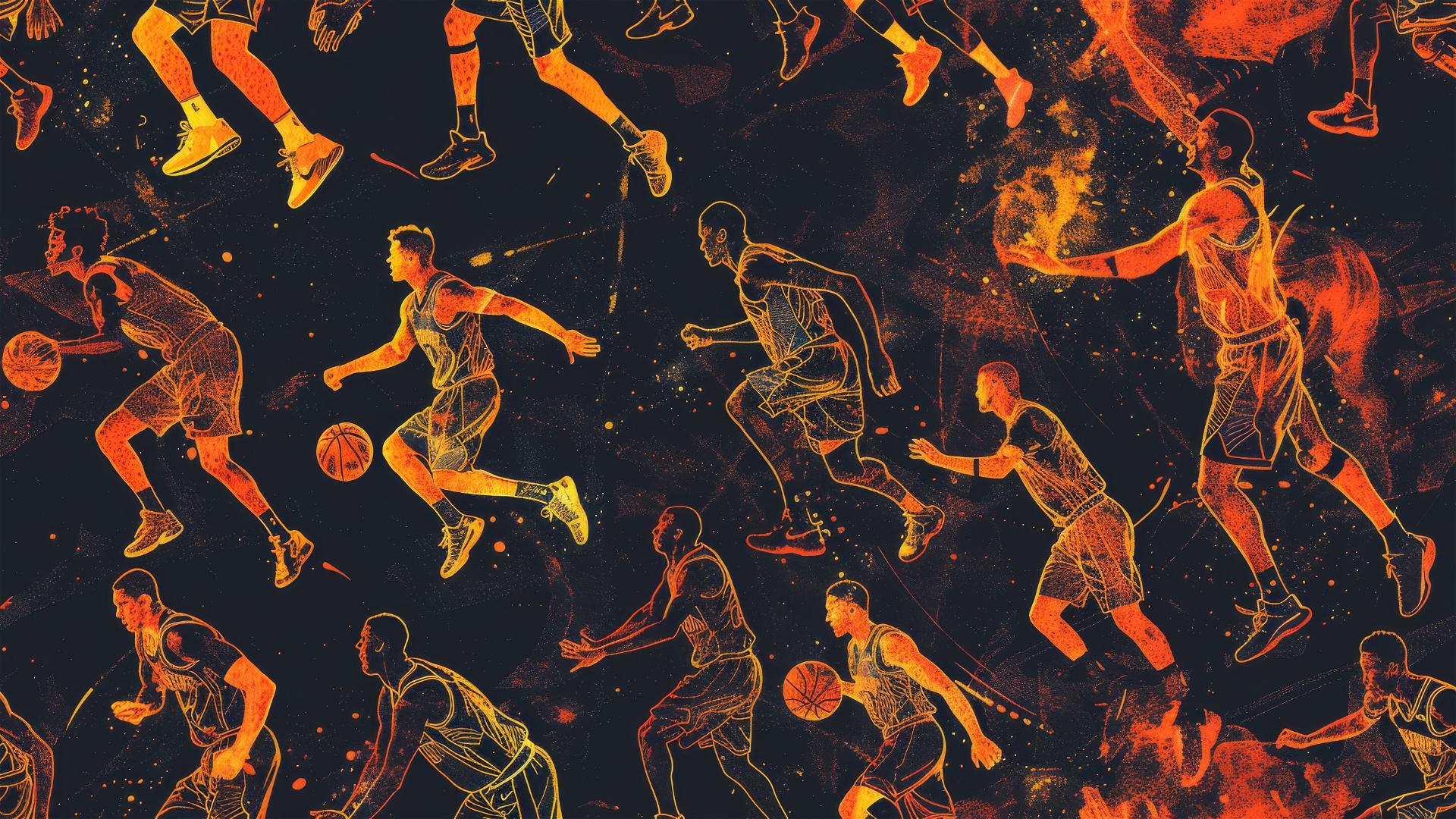 Silhouettes of basketball players on a black background