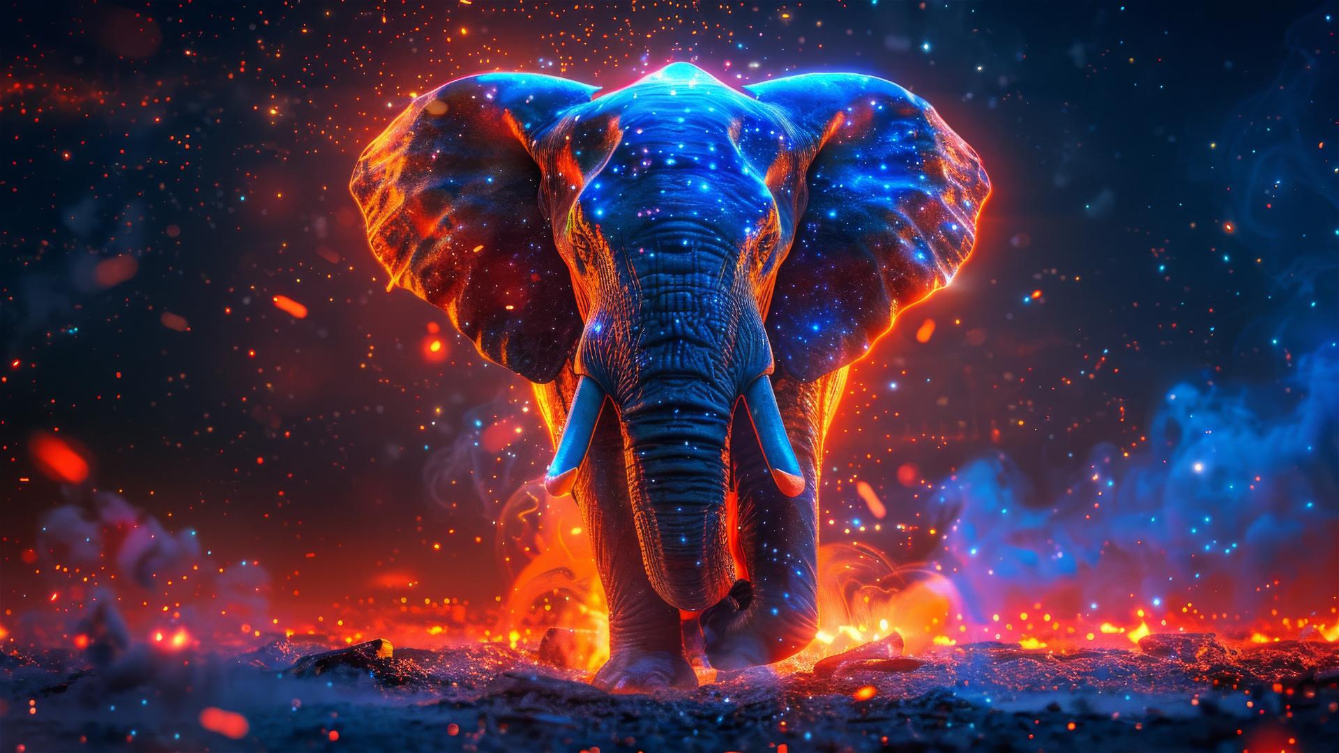 Photo-realistic Thai elephant roaring under a starry sky with neon glow