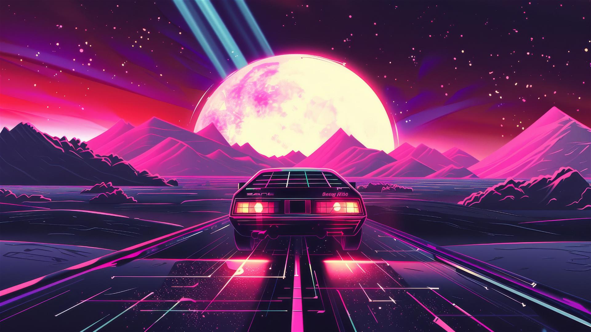 Synthwave car on space highway to the moon