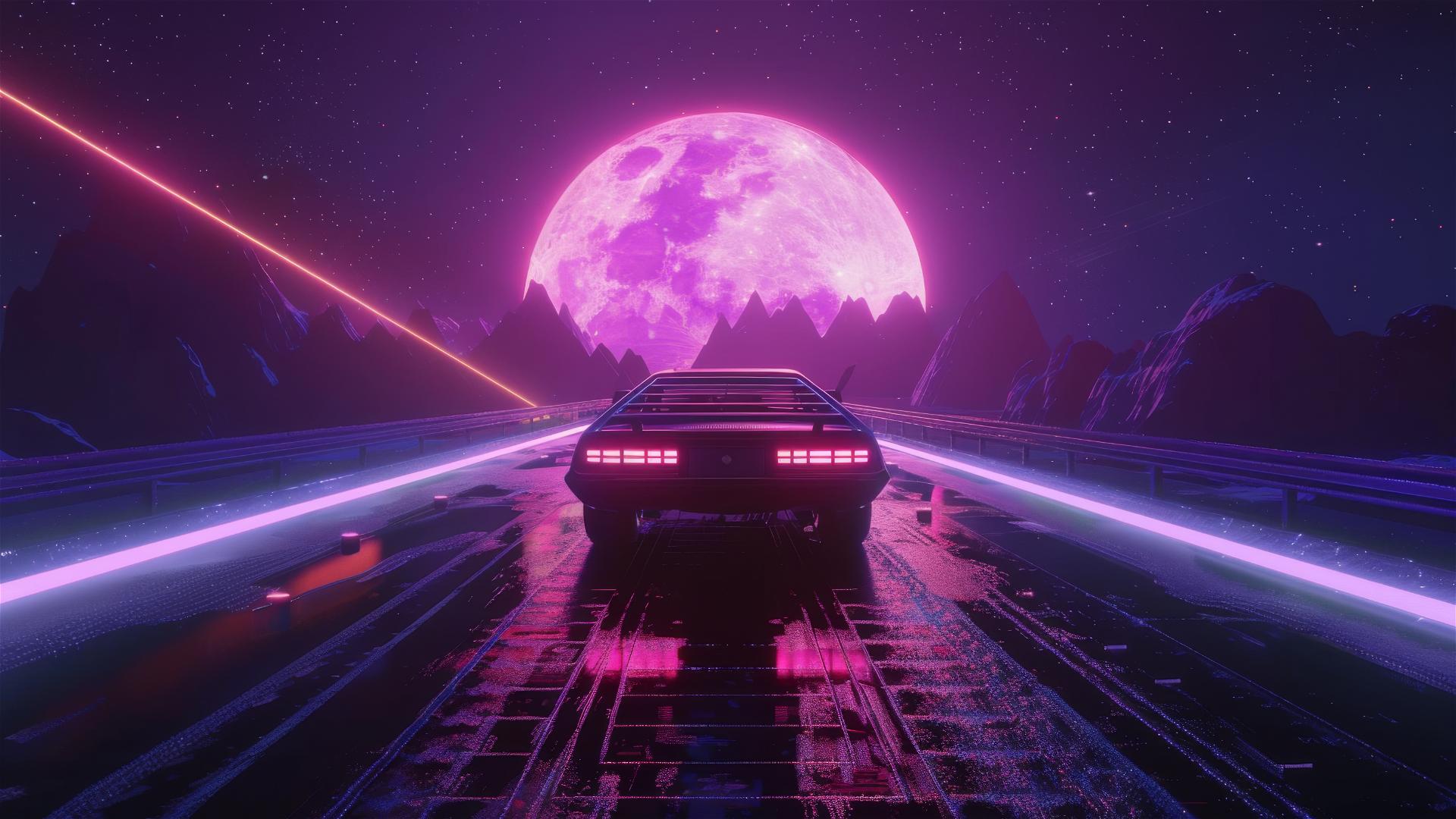 Synthwave car on space highway to the moon
