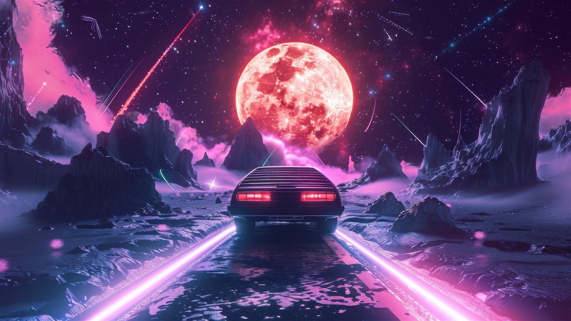 A synthwave car driving on a space highway heading to the moon