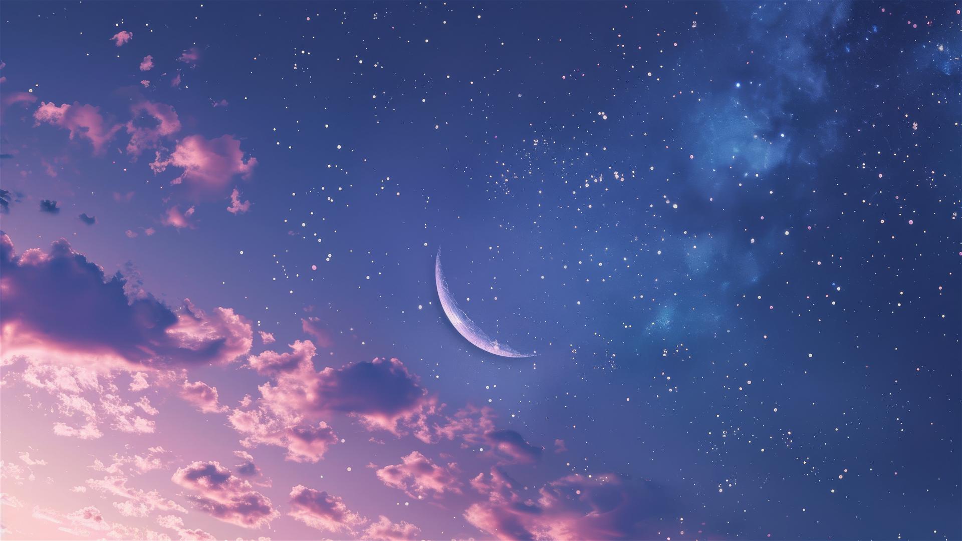 Light purple blue sky with sparkly stars, a half moon, and a pink galaxy