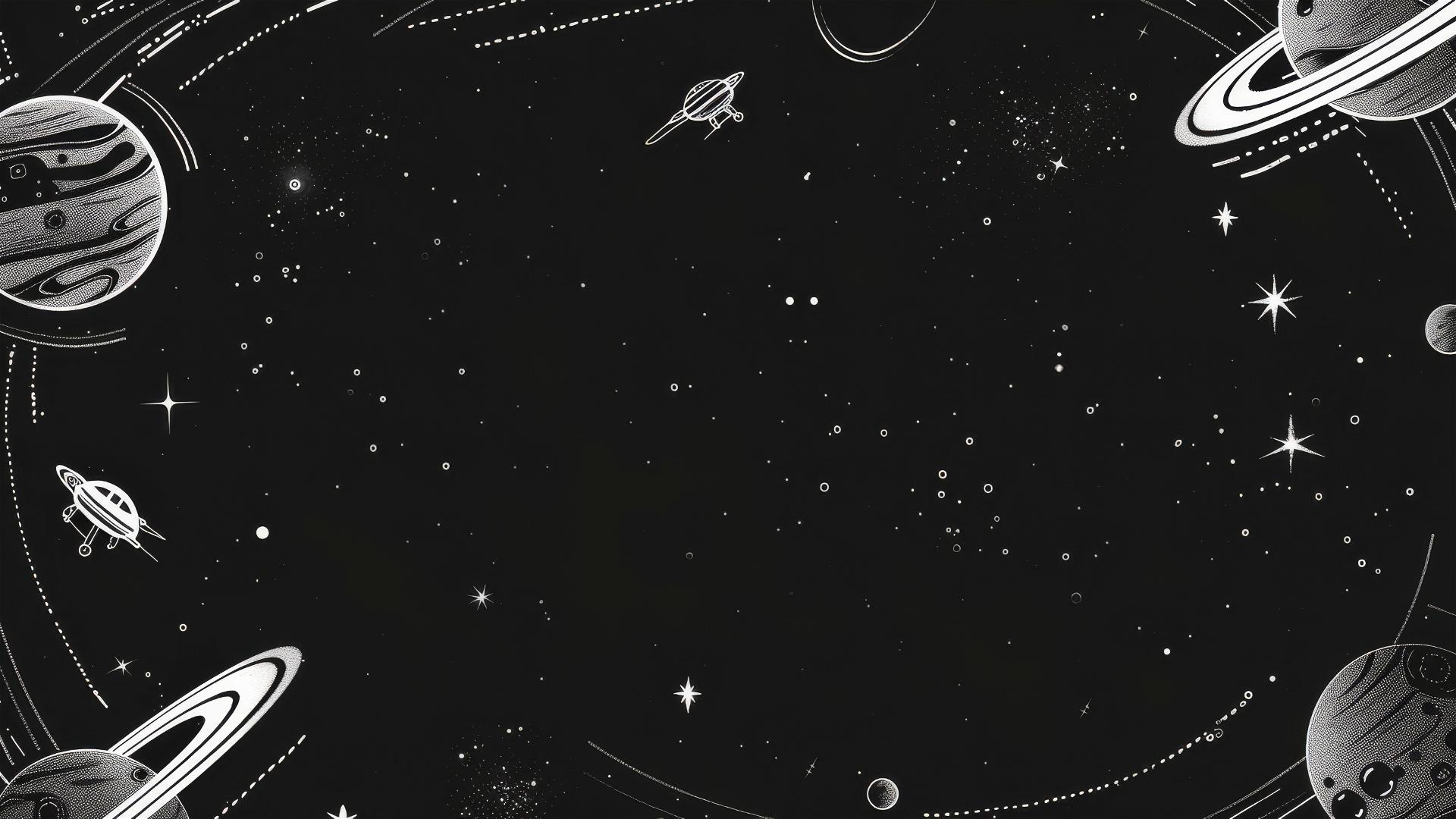 Minimalist black background with spaceship and celestial body line art
