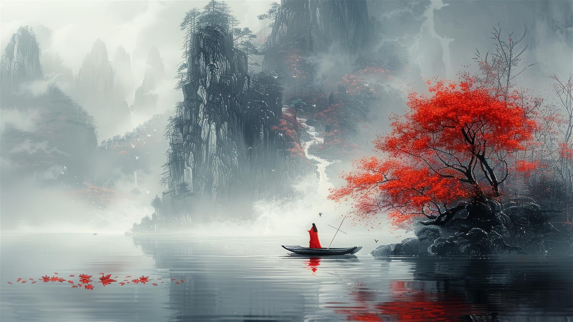 Traditional Chinese landscape with a single leaf on the river, red-clad hero on a small boat, and a shimmering sword