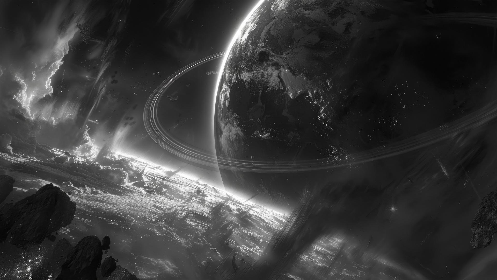 Sci-fi planet with a dark halo becoming invisible