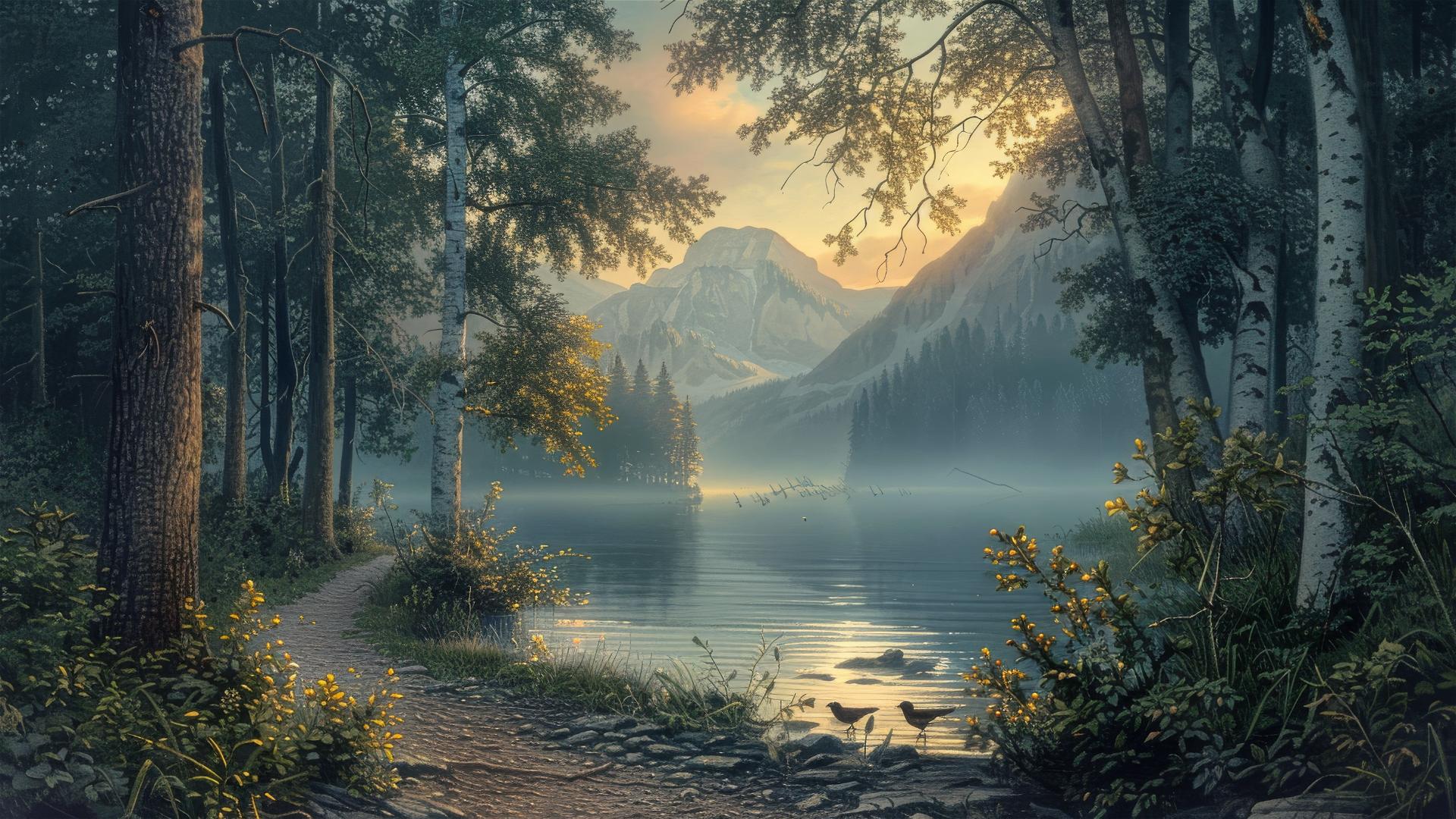 Serene luminism-style landscape with sunlit path, trees, mountain, and birds