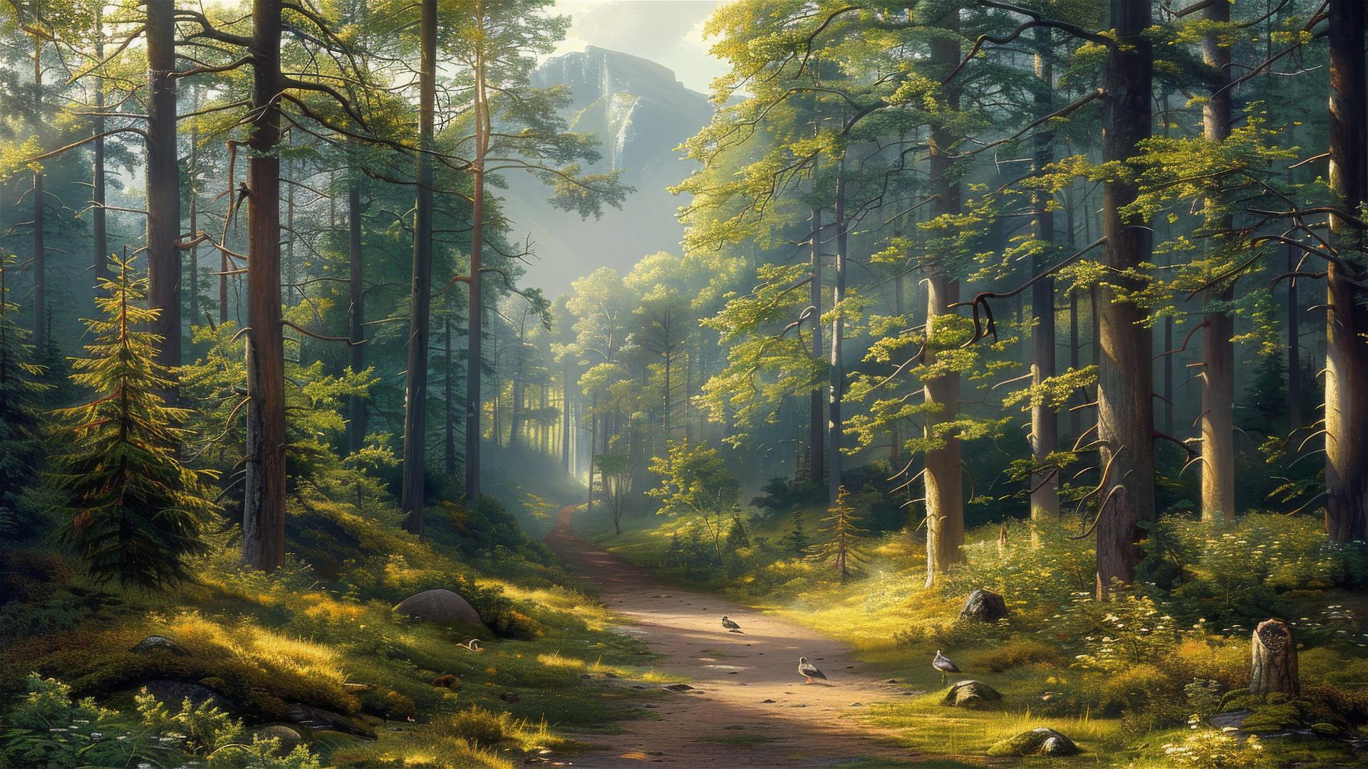 Oil painting of a luminous landscape with a sunlit path through trees