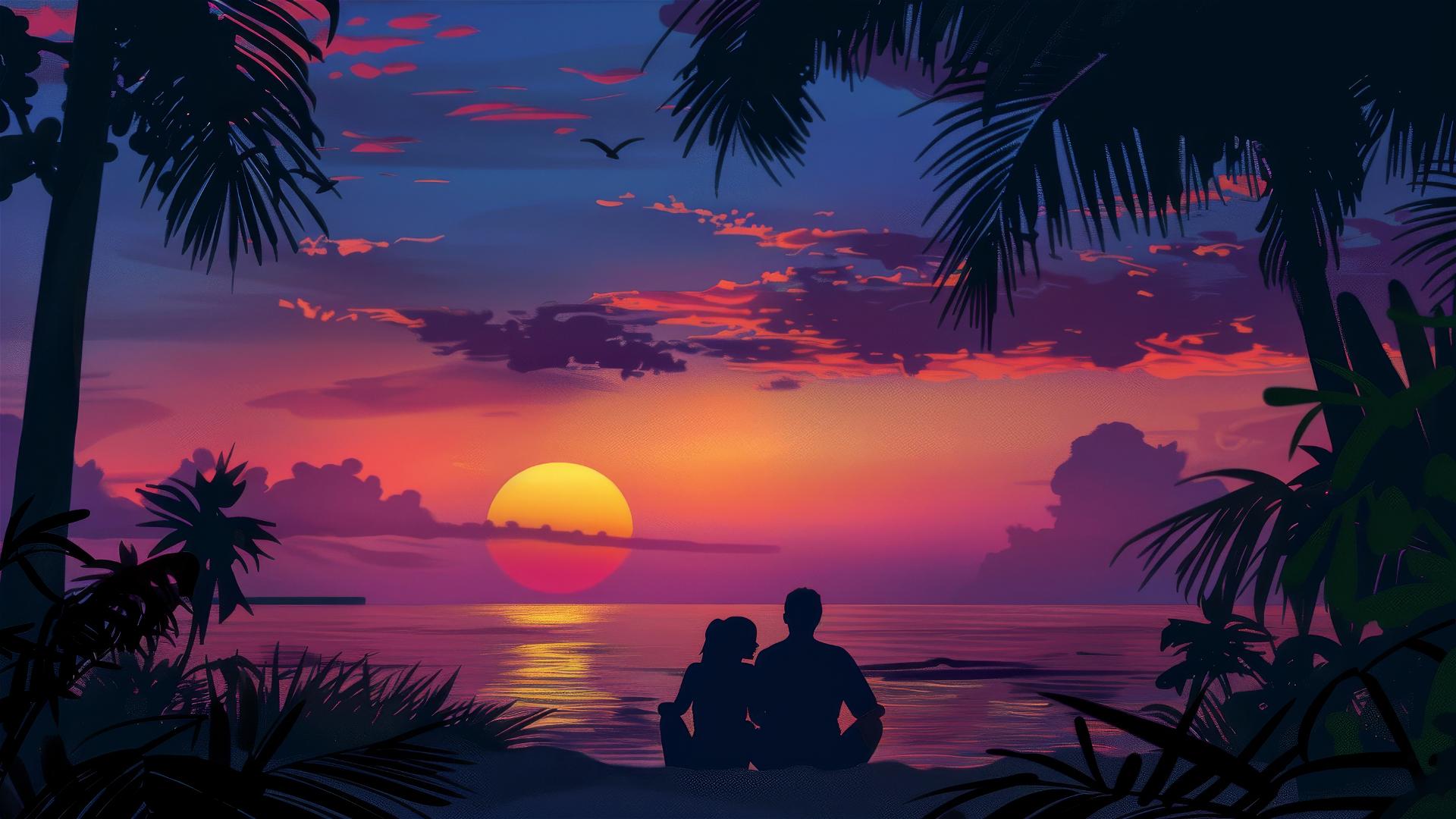 Disney Pixar-style silhouette of a couple watching a sunset on the beach
