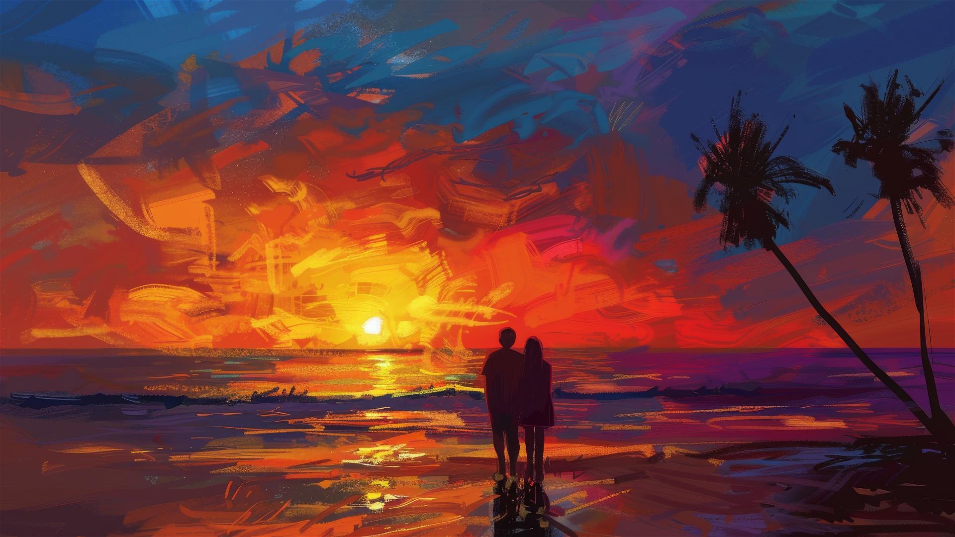 A photo-realistic depiction of a couple watching a colorful sunset on a beach with palm trees, swirls of light yellow and sky-blue, exuding romantic emotionality and a calming ocean academia vibe