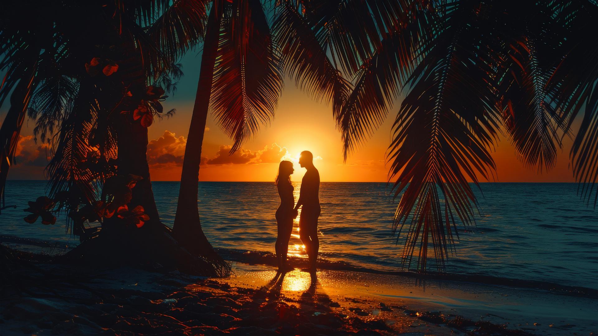 Silhouettes of a man and woman embracing on an ocean shore under moonlit palms