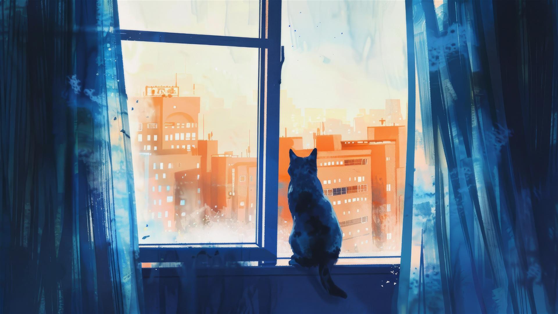 Cat climbing curtains with cityscape view, watercolor effect