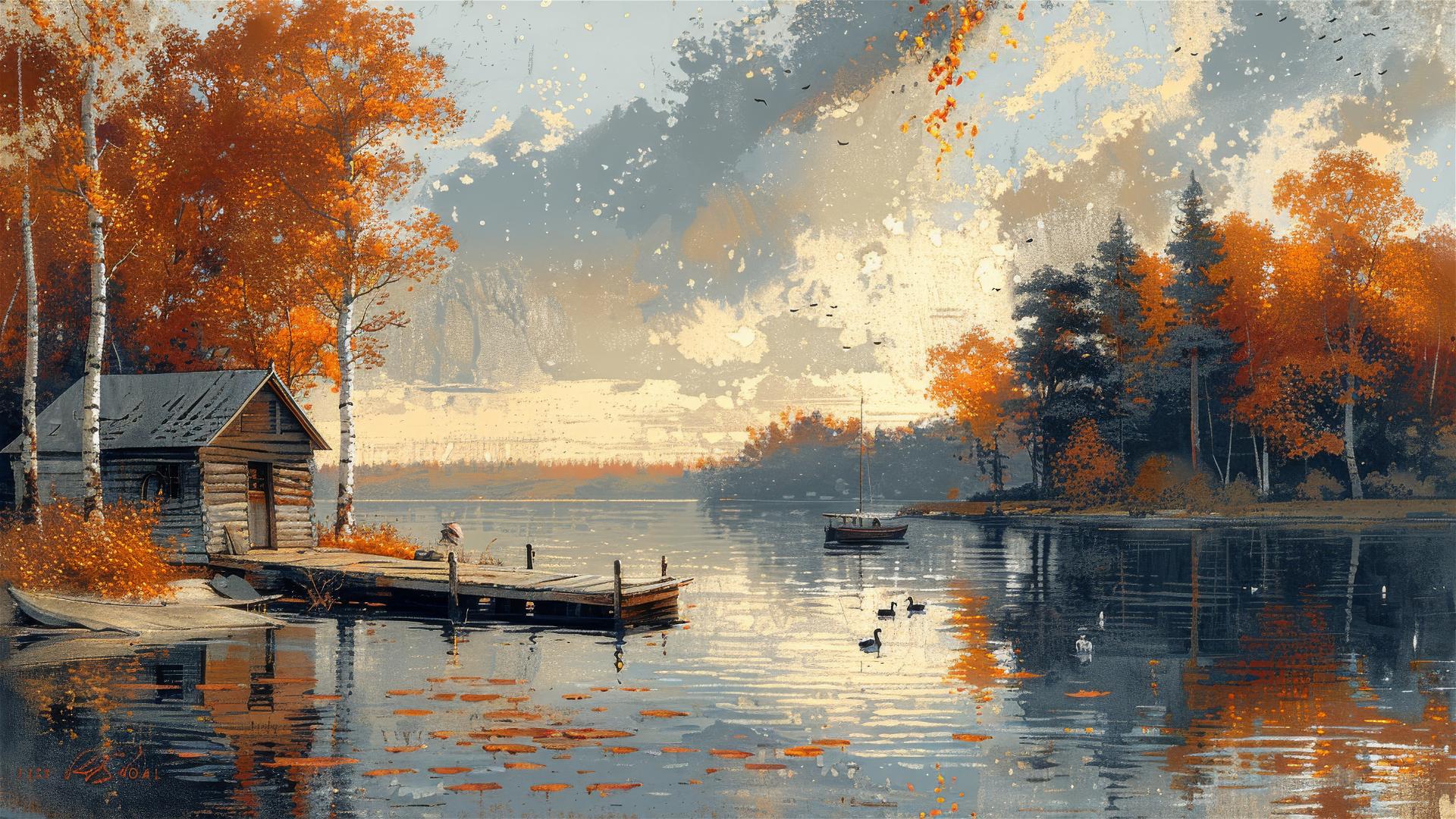 Colorful woodcut-style lakeside scene with a two-story house, pier, figure, boats, ducks, and autumn hues