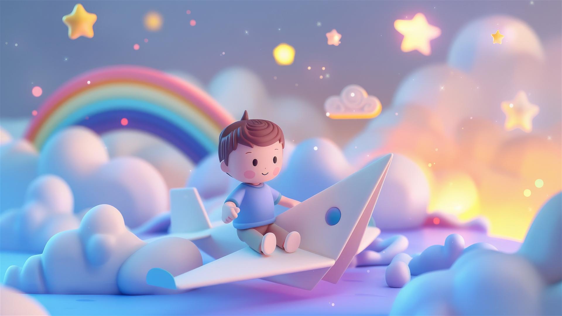 Cute boy on white paper airplane flying at dawn with clouds, rainbows, and stars