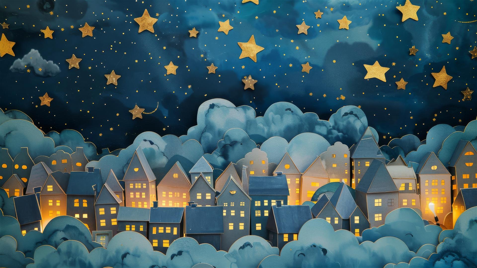 Whimsical city at night with blue and gold hues, stars, and collage details