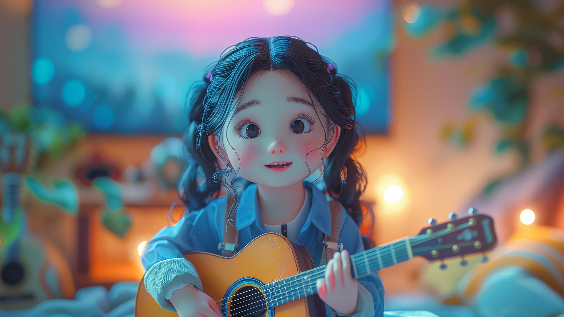 Chubby girl playing guitar in cartoon style with colorful background