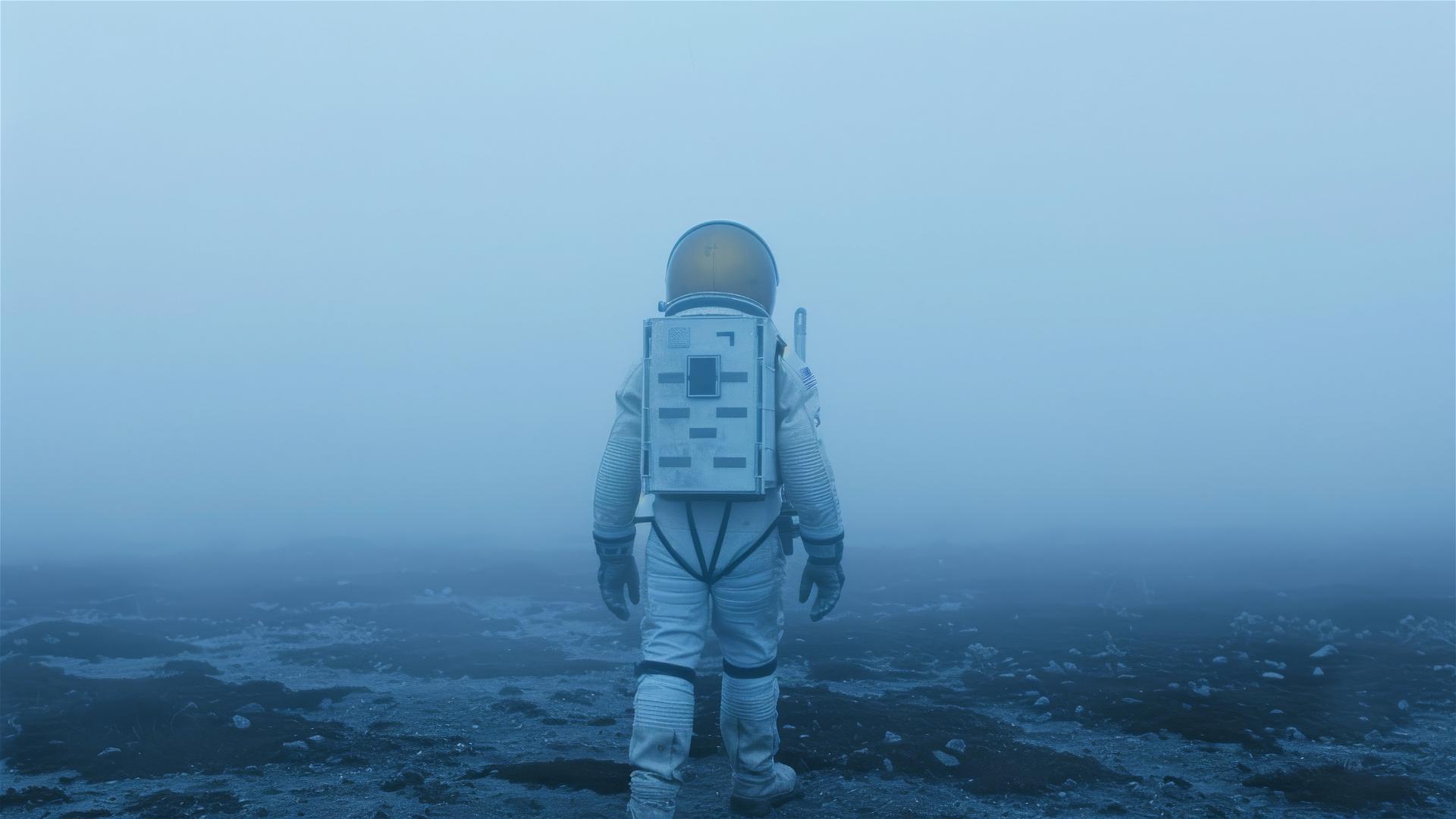 Astronaut in space suit walking in fog with blue and amber tones