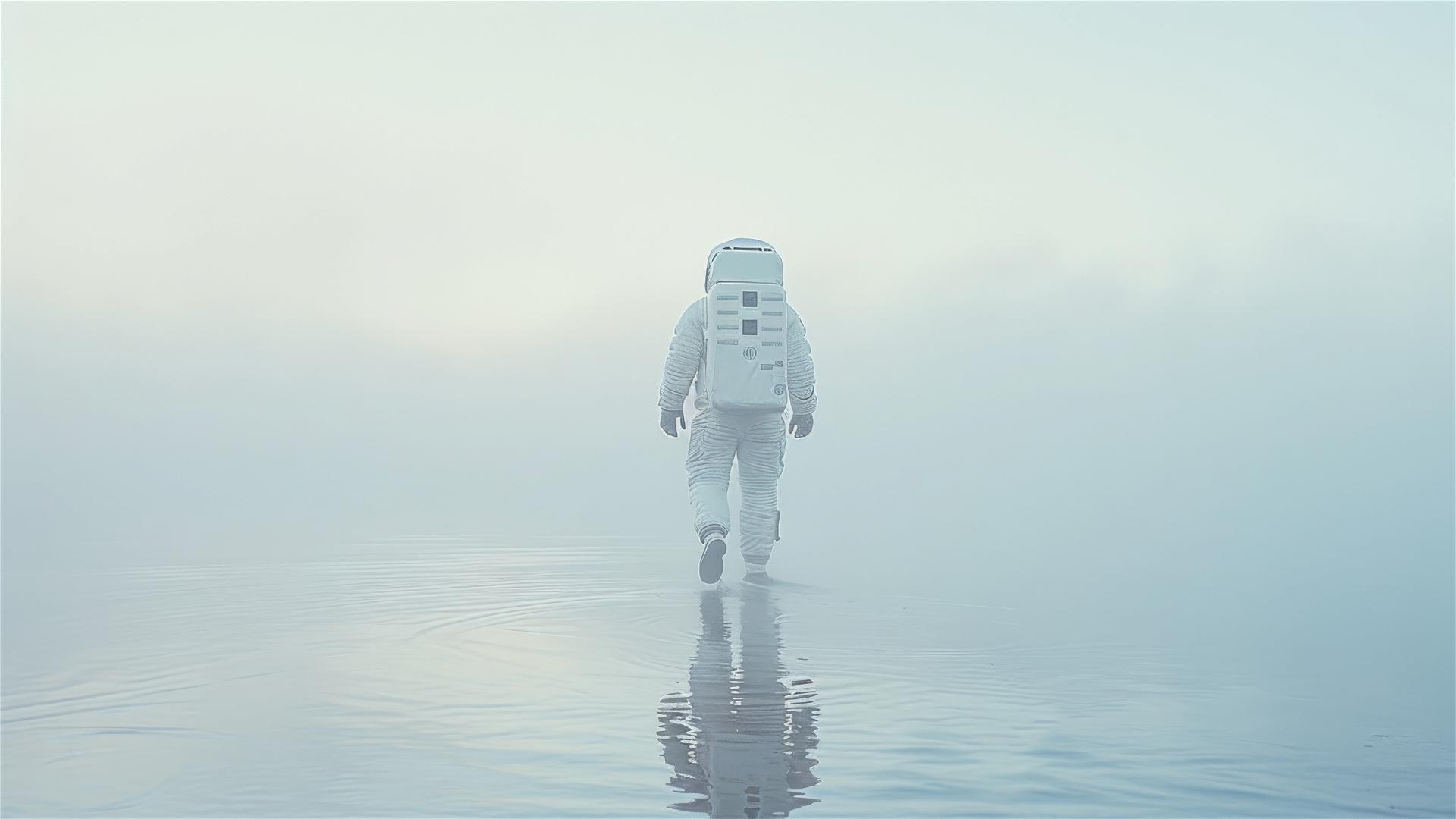 Back view of astronaut in space suit walking in fog with light blue and amber hues