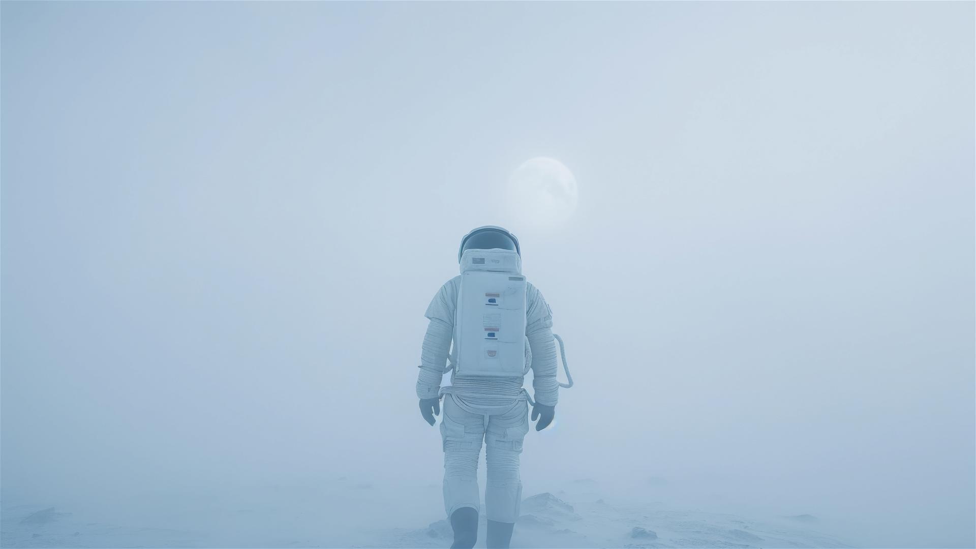Astronaut in blue and amber fog, surreal and minimalist