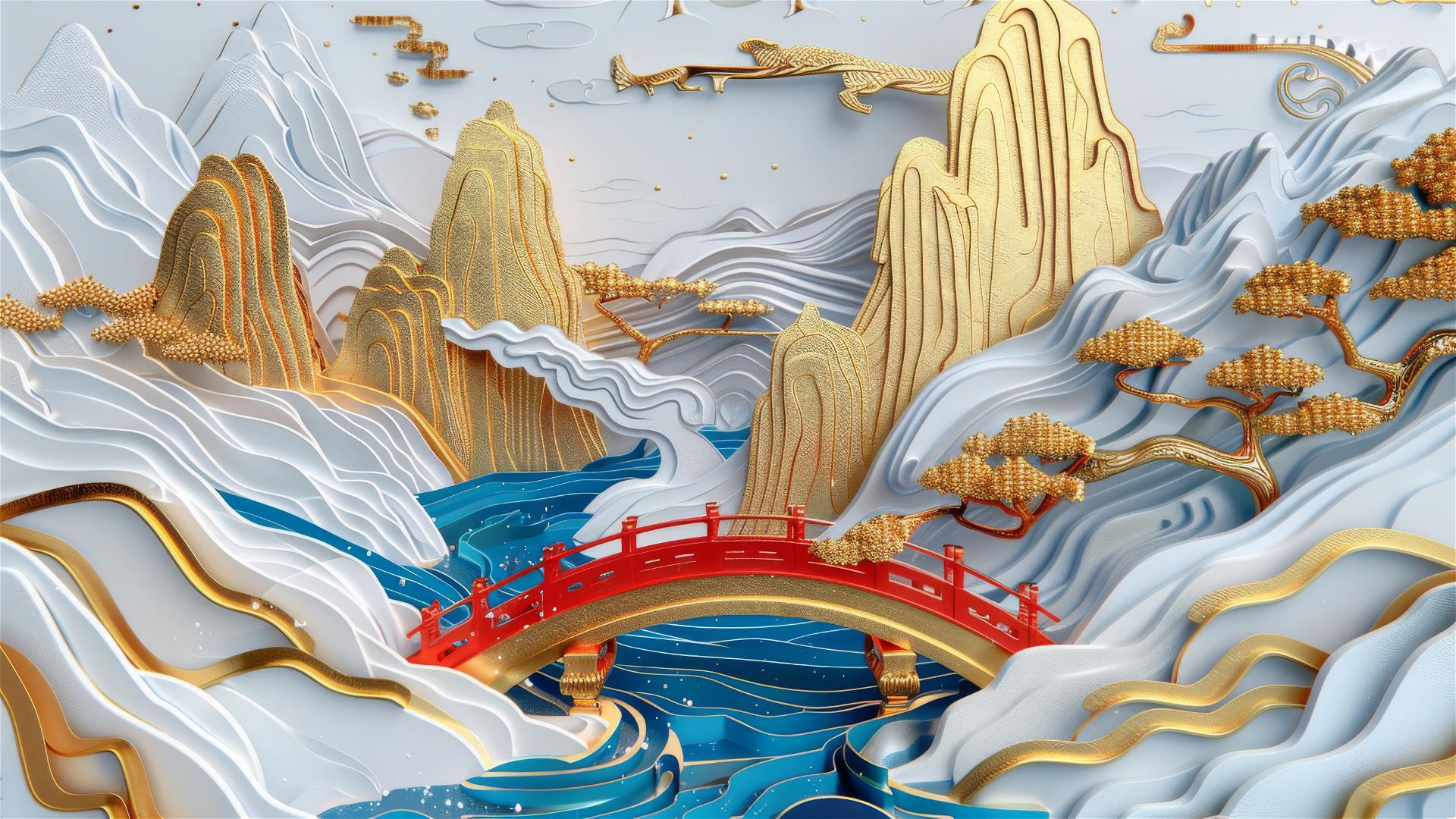 3D Asian painting of golden mountains with a traditional bridge over a stream