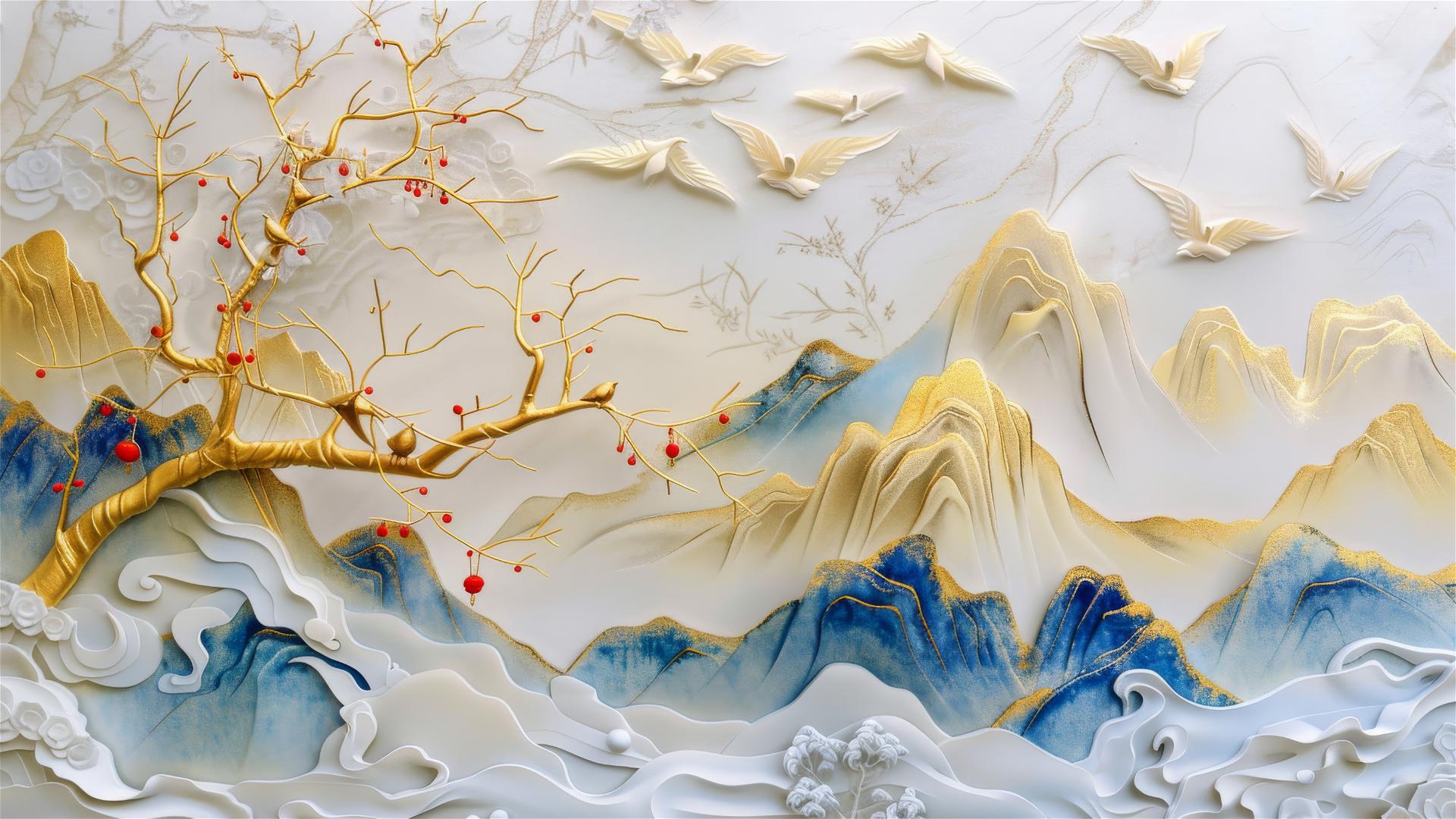 Golden mountains, birds on trees in paper carving style with gold, blue, and red