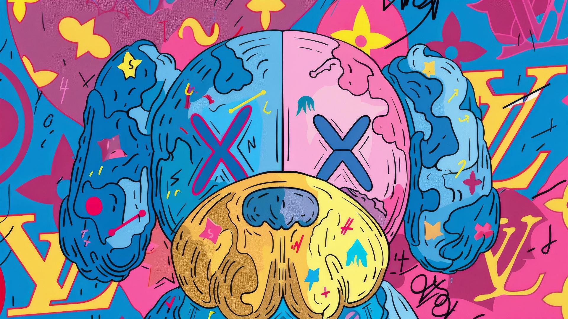 Cartoon 2D art of a puppy-faced Louis Vuitton companion Kaws emoji