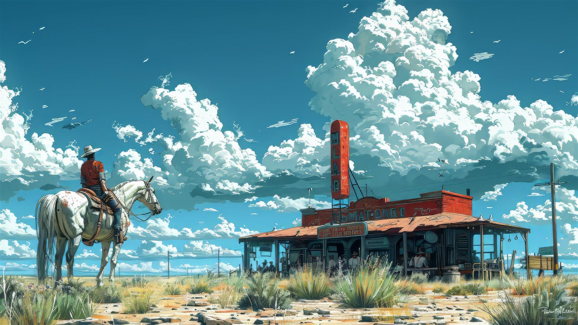 Cartoon style Texas bar with cowboy on white horse, nostalgic and tranquil