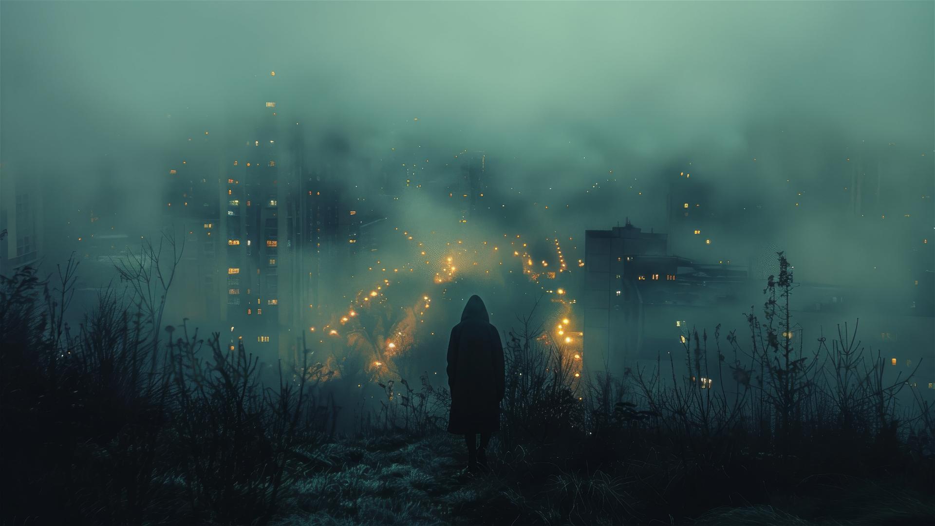 Dark, surreal scene with smoky haze on a lonely night