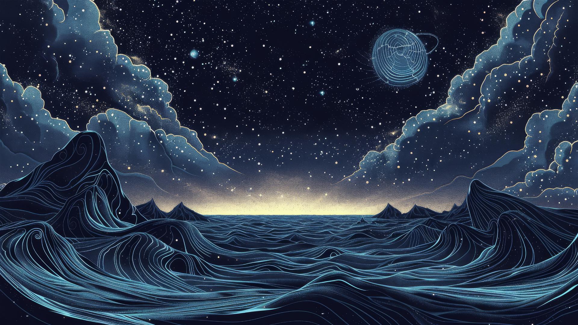 Vector line art duotone starry sky with galaxy background