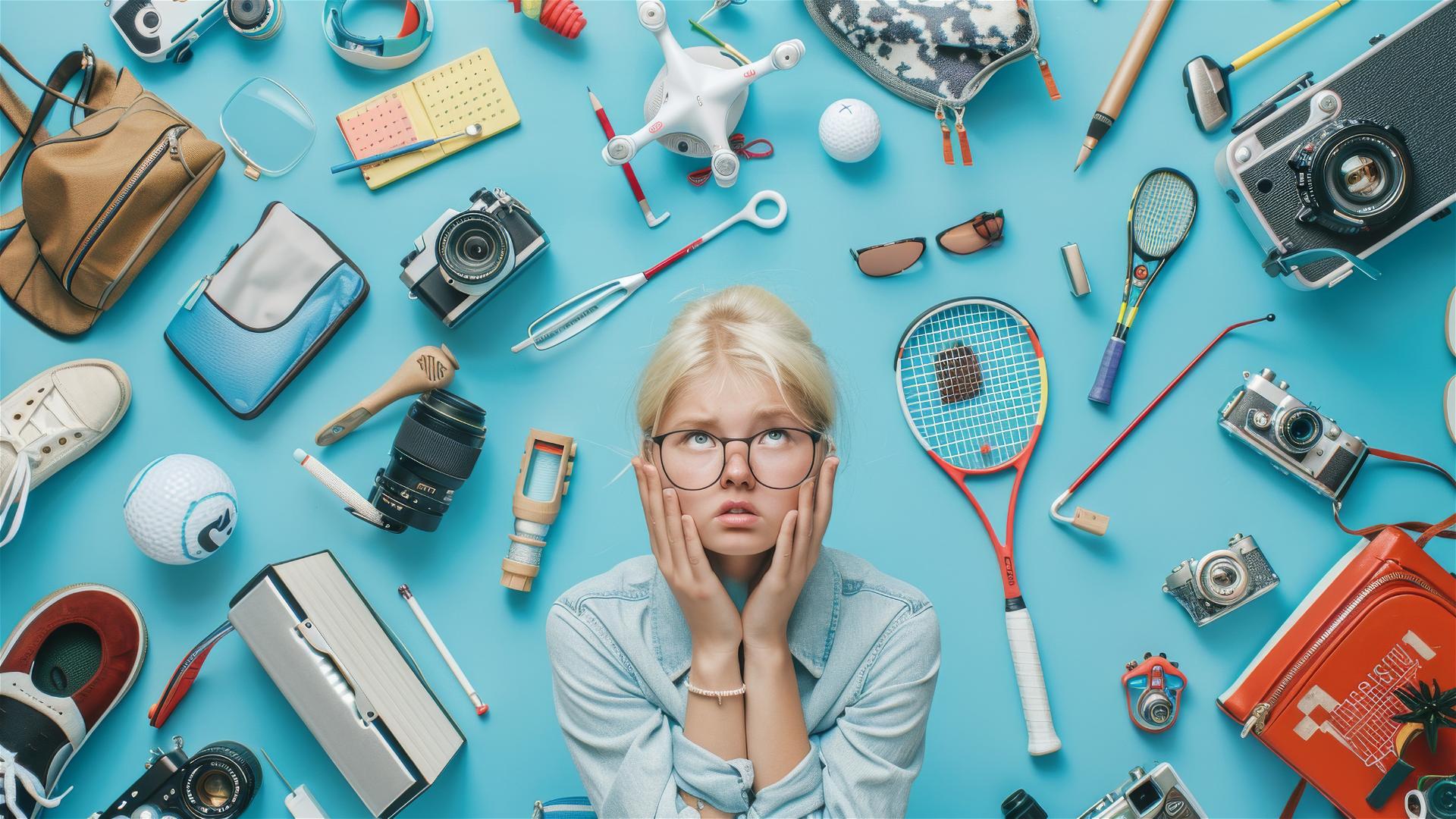 Top view of blonde girl with short hair and glasses on light blue background with hobby items.