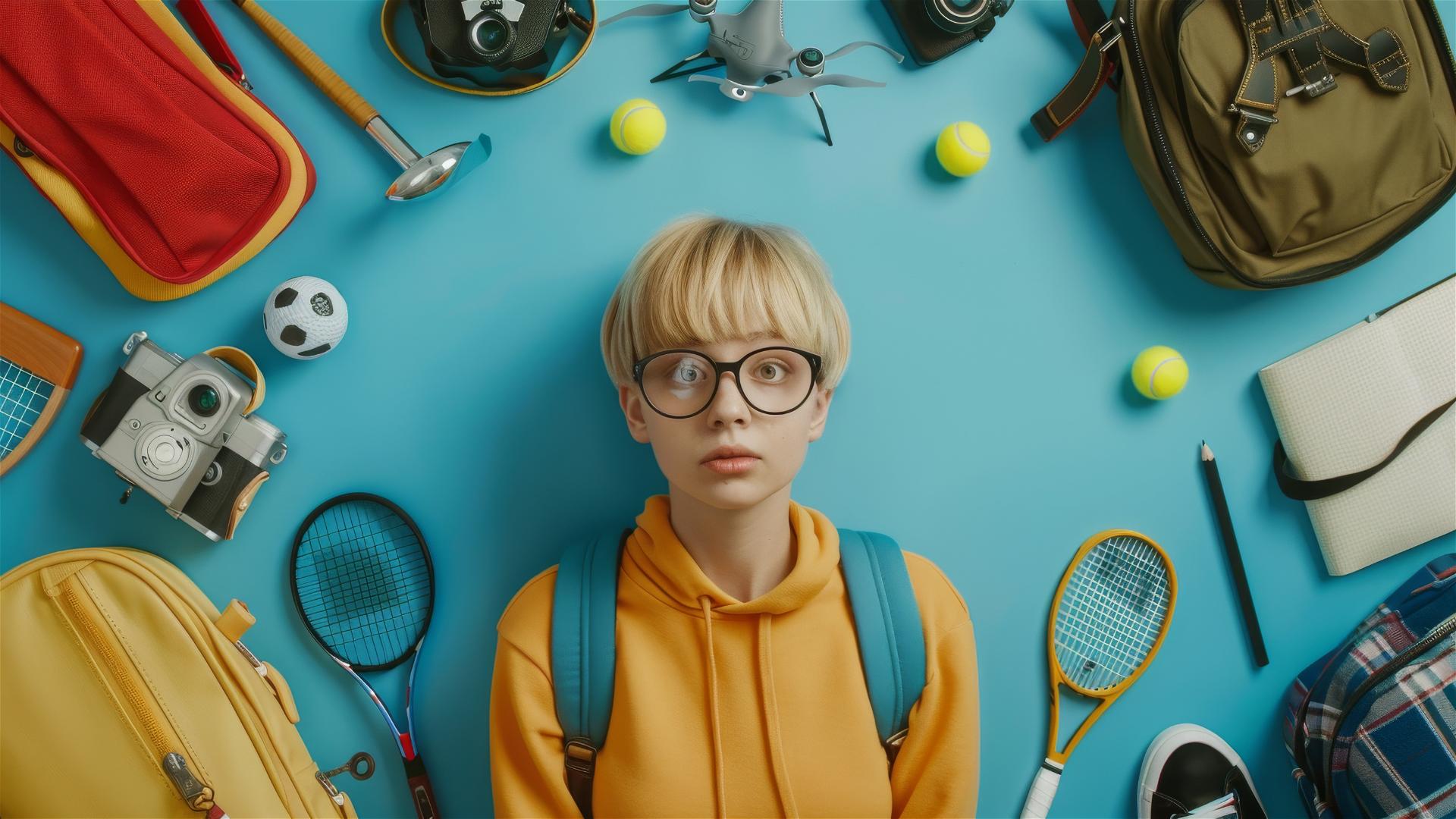 Topview of blonde girl with short hair and glasses, hobby items arranged around.