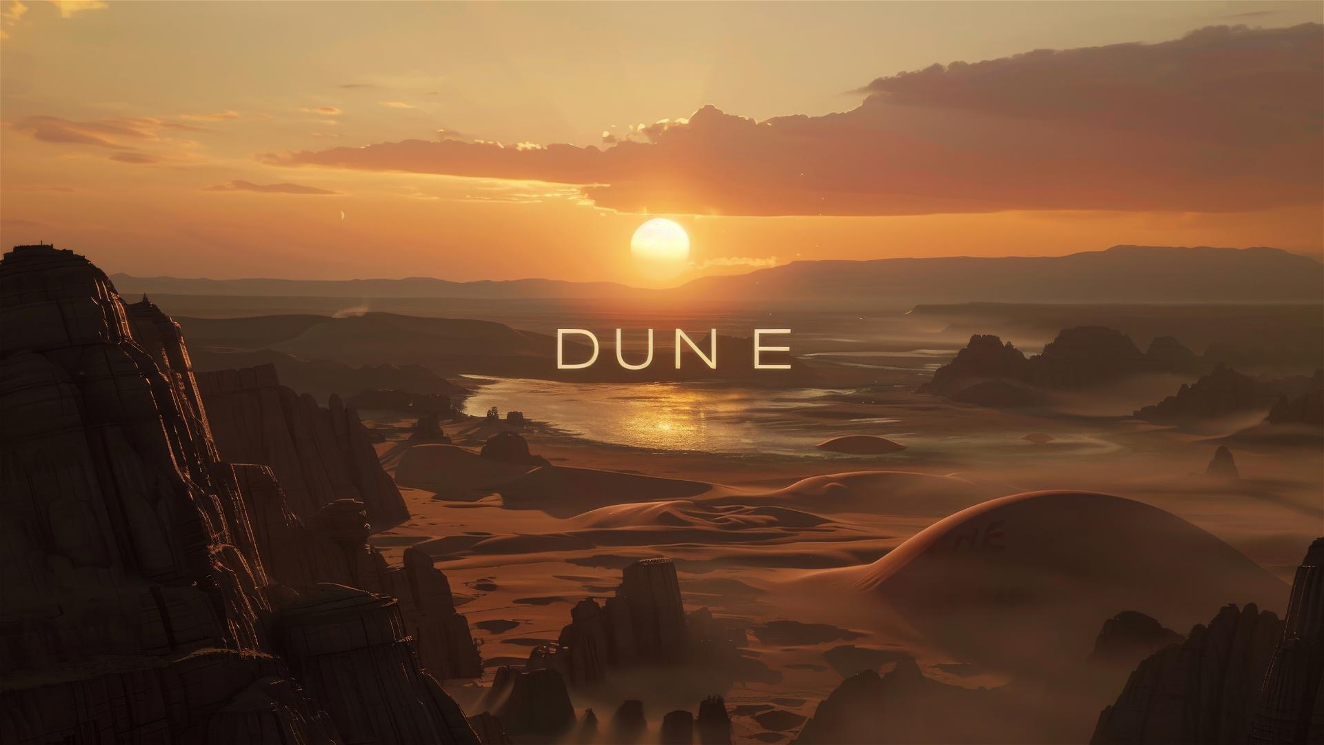 Planet Arrakis during Golden Hour with 'DUNE' at the center