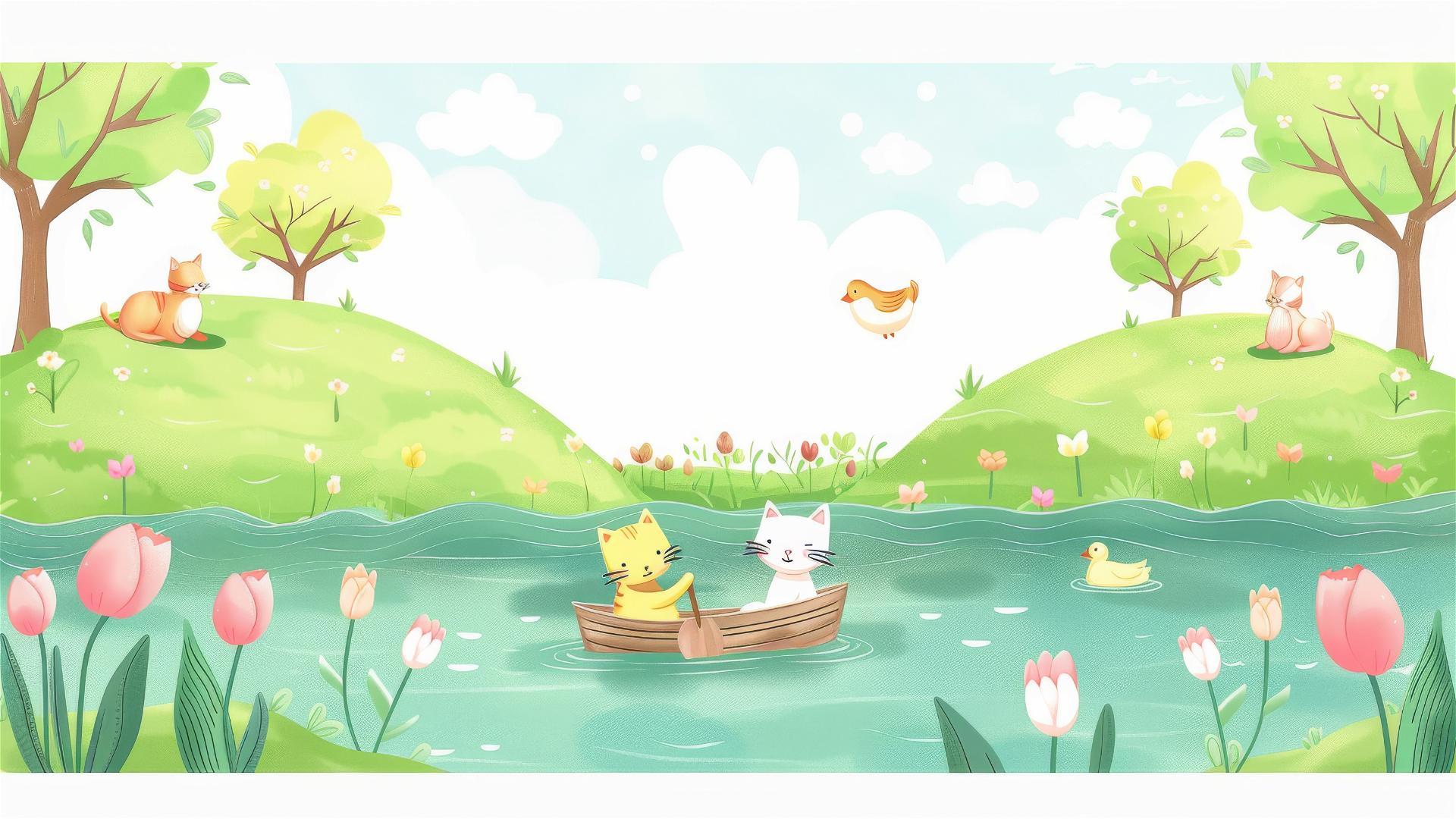 Cartoon animals in a lake with grass, trees, white clouds, boat with cats, and a duck