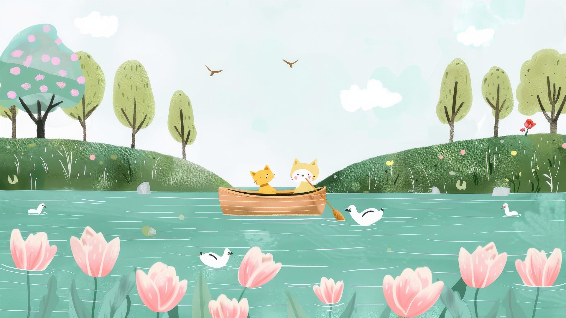 Cute cartoon animals in a lake with trees, boat, and two cats rowing