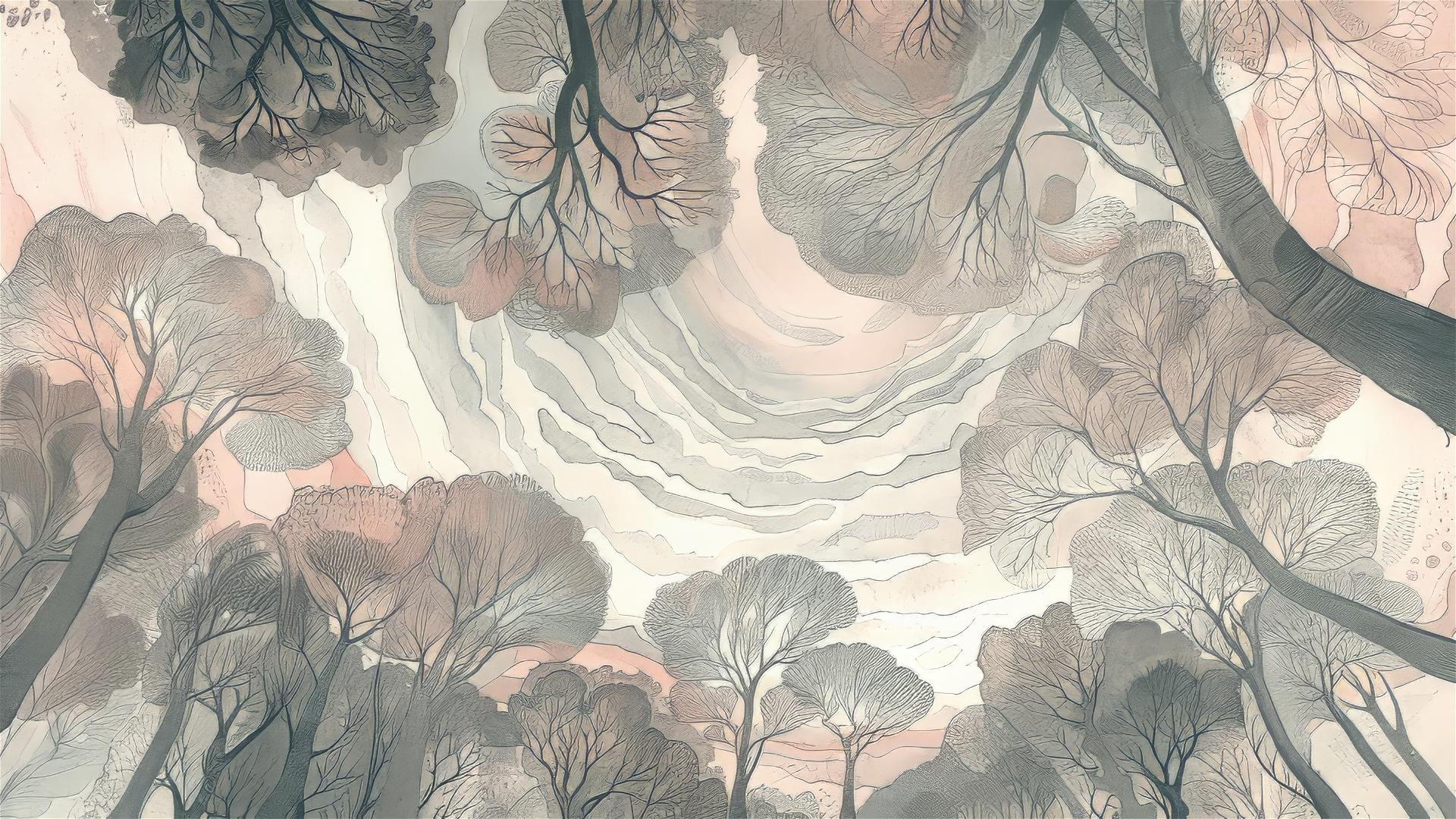 Forest canopy with brain-like ridges, fractal patterns, and golden ratio lighting arcing from above.