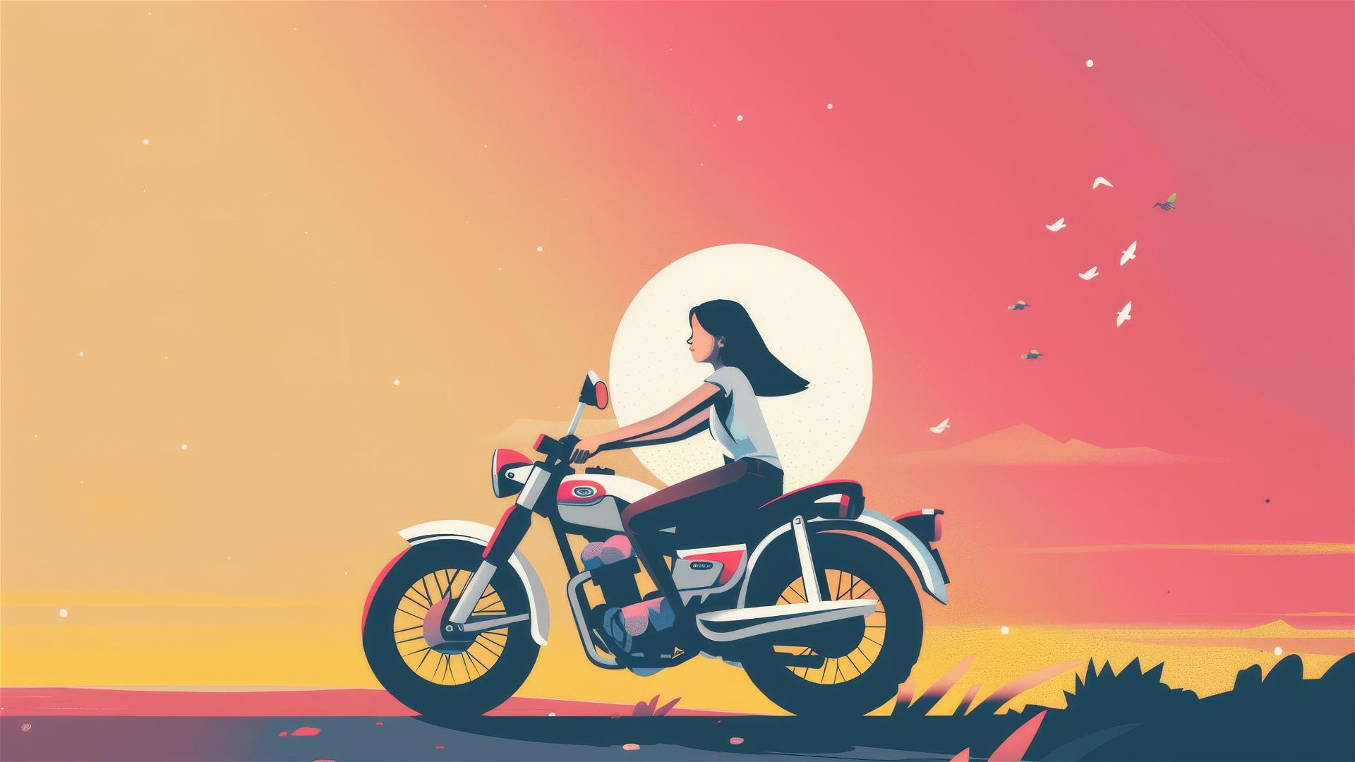 Minimalist pixel art of a girl riding a motorcycle with contrasting dots and colors