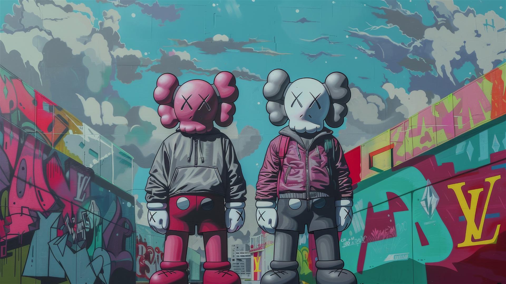 Cartoon 2D art featuring Louis Vuitton companion Kaws