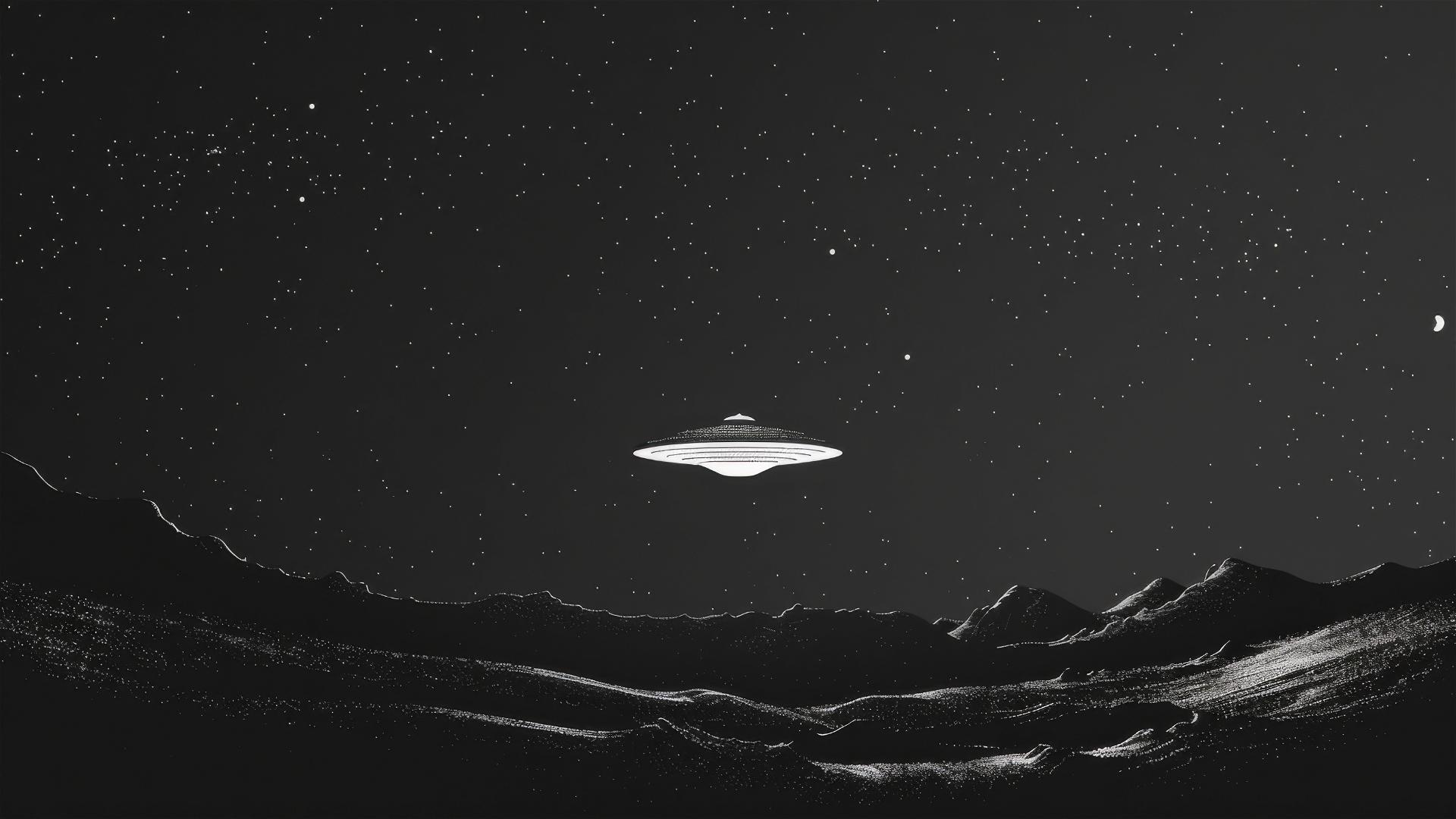 Black night sky with a small flying saucer in the distance