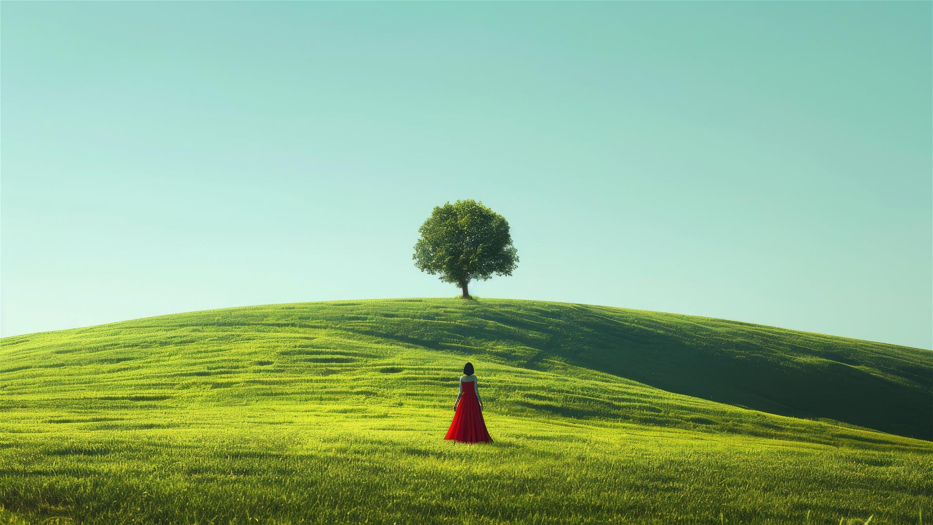 A woman in red dress stands in front of green rolling hills and a tree under a blue sky.