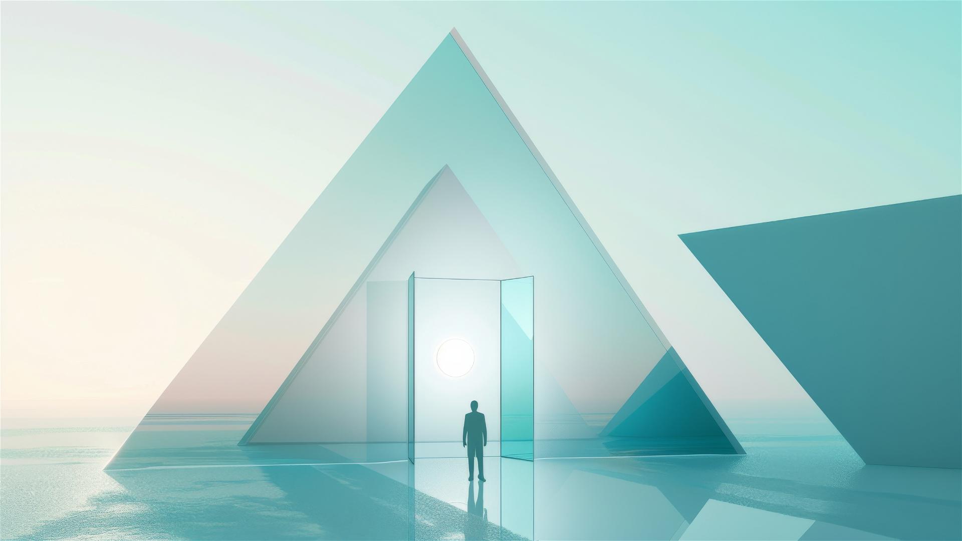 AI tech conference poster with silhouette man, transparent 3D pyramid, and rectangle door