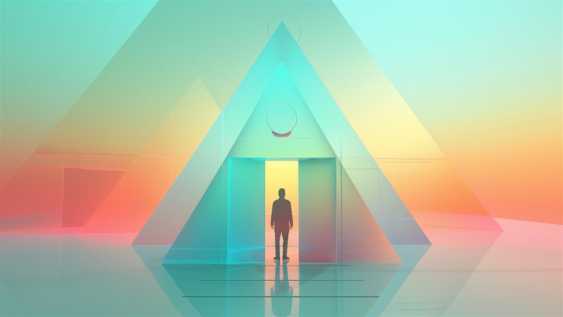 Silhouette facing transparent 3D pyramid and rectangle door with circular top
